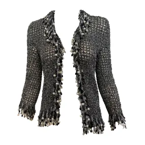 Loris Azzaro Attributed Metallic Crochet Cardigan with Beaded Fringe