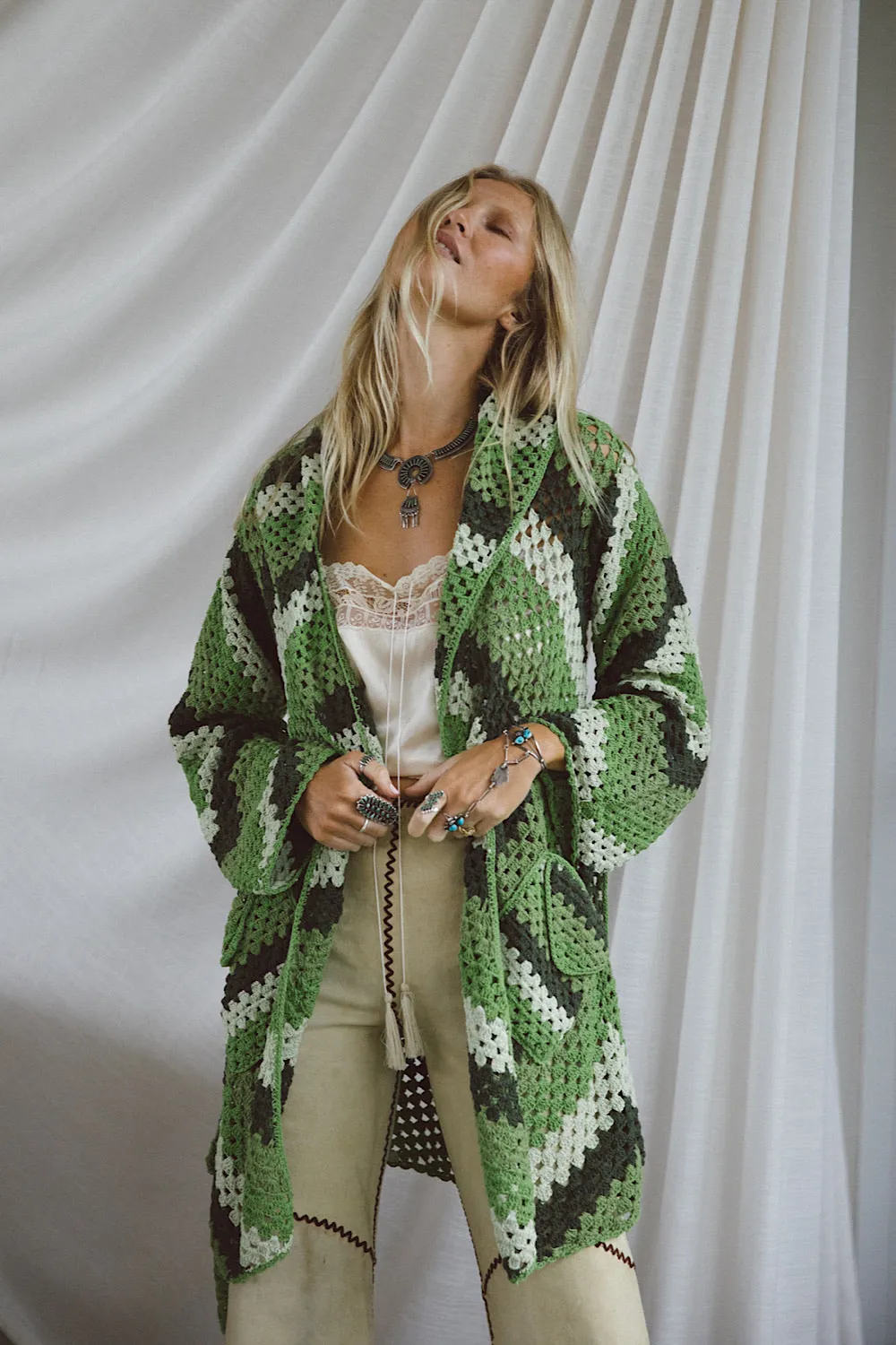 Magic Carpet Ride Short Crochet Coat - Forest