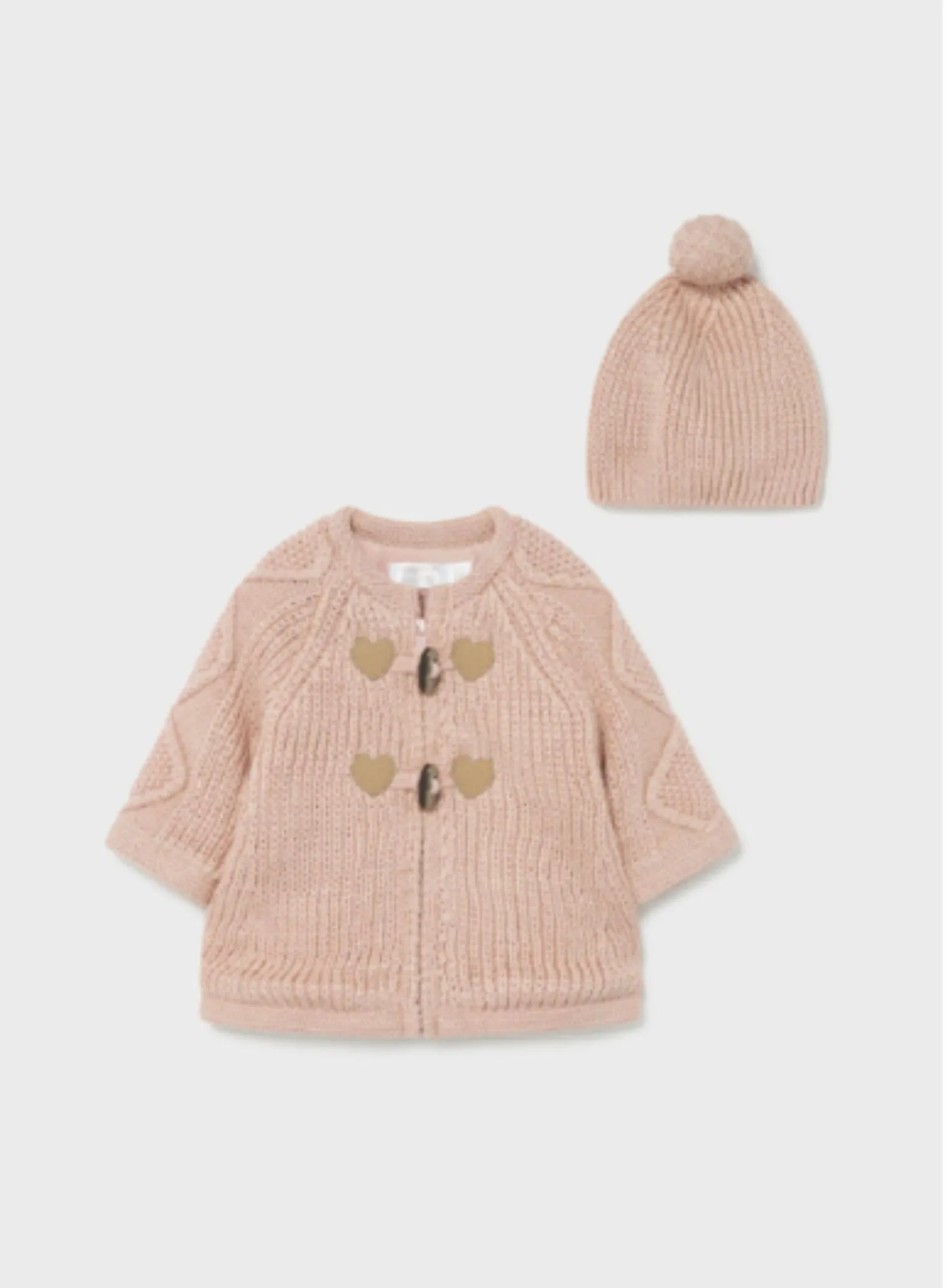 Mayoral Baby Girls Pink Woven Knit Heart Patch Coat with Matching Knit Hat