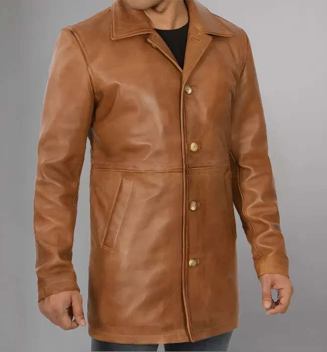 Mens Distressed Camel 3/4 Length Leather Coat