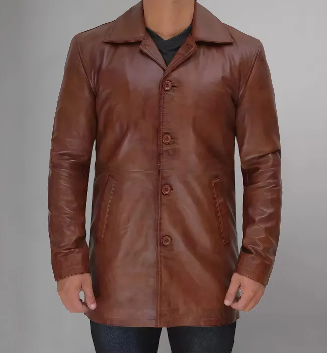 Mens Distressed Camel 3/4 Length Leather Coat