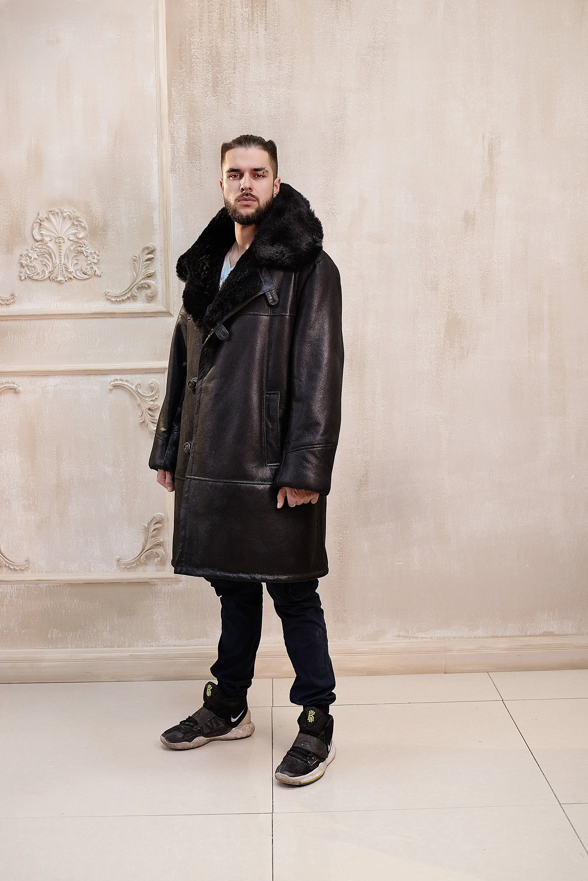 Mens Long Shearling Sheepskin Coat in Black Color with Black Lining and Wide Fur Collar