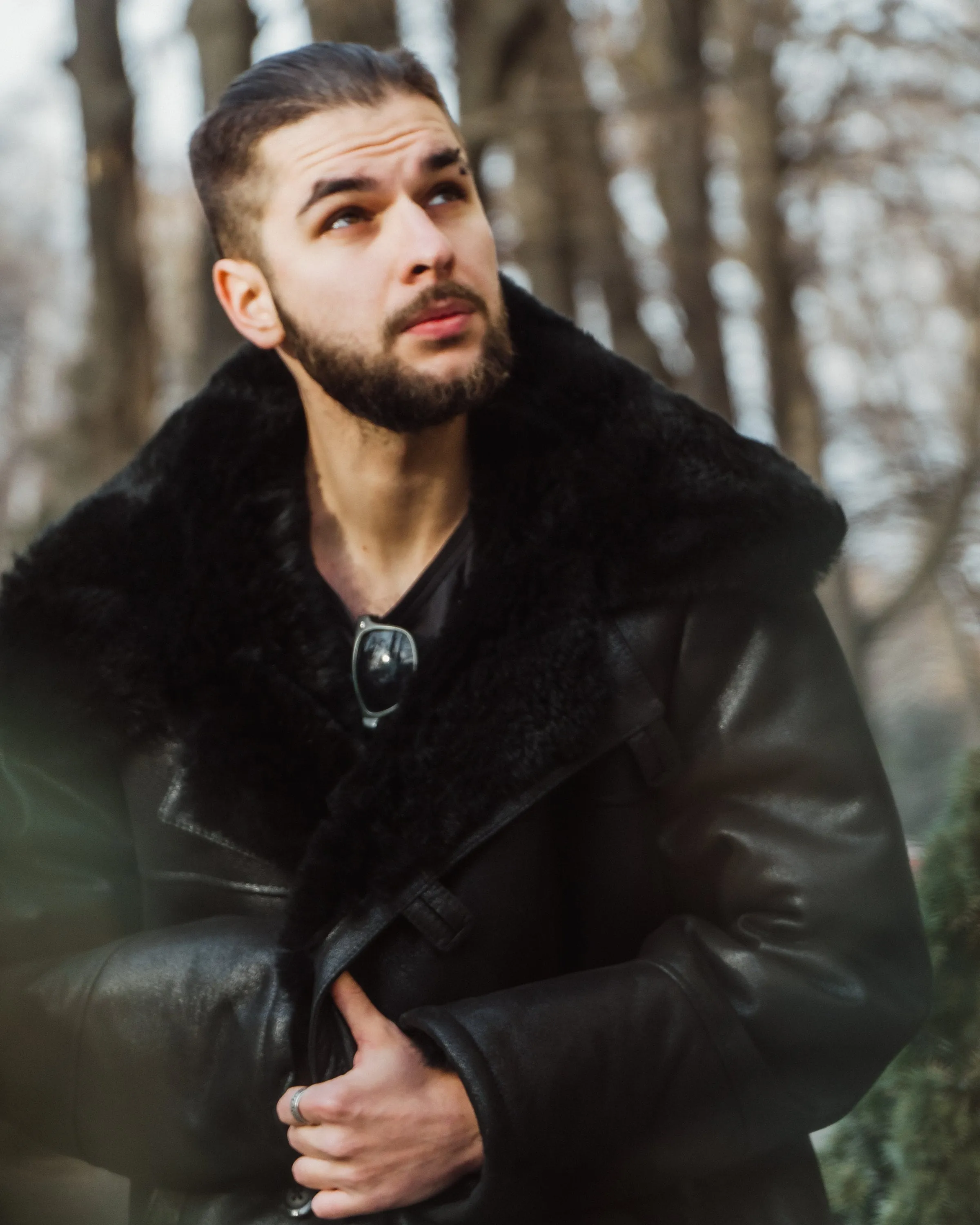 Mens Long Shearling Sheepskin Coat in Black Color with Black Lining and Wide Fur Collar