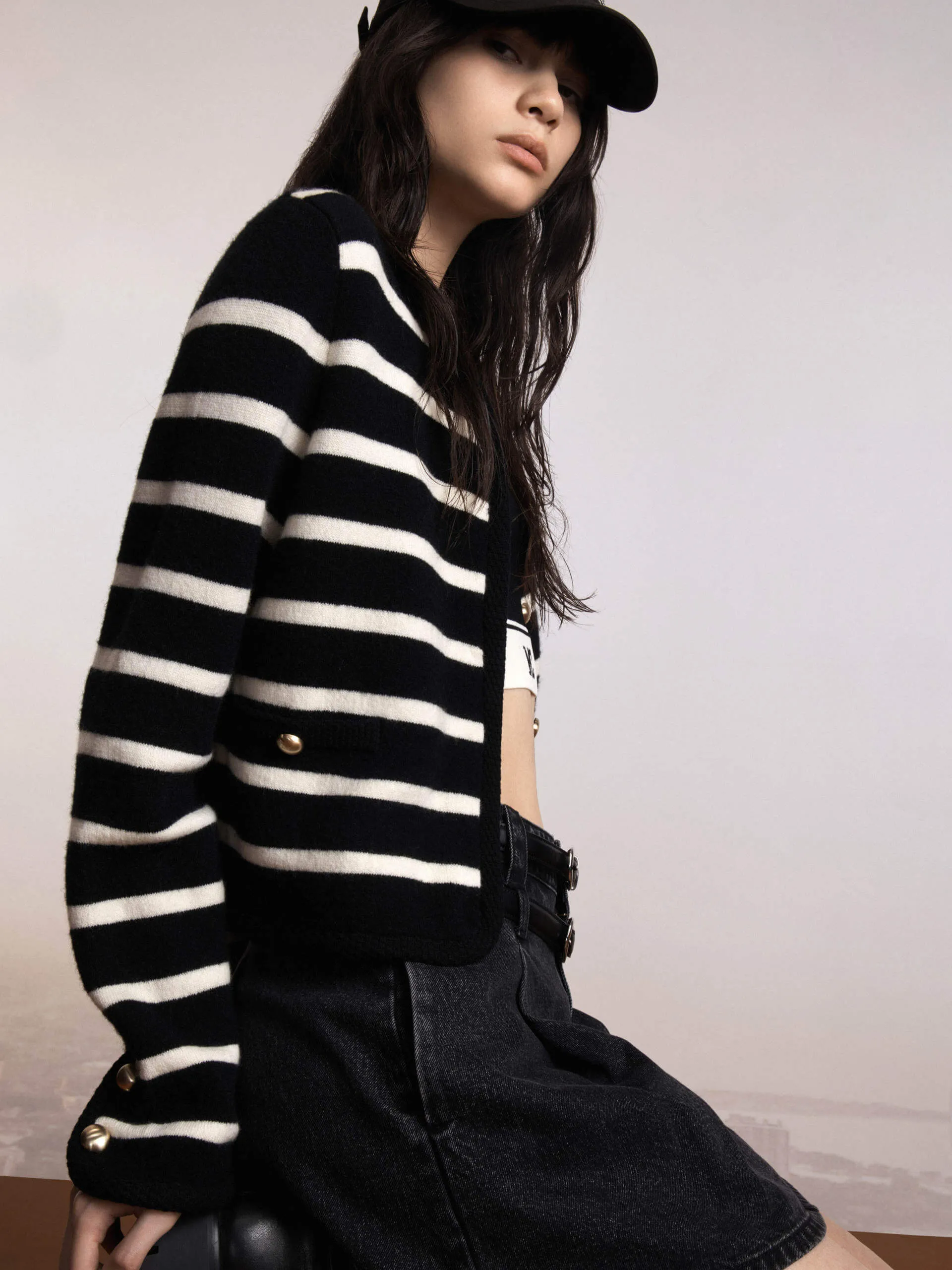 Metal Button Striped Cardigan