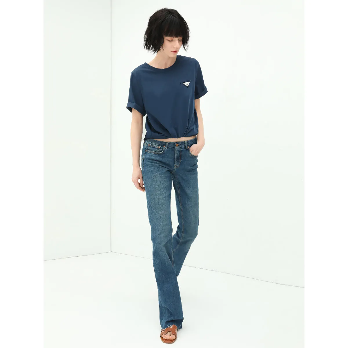 Mid Rise Stretchable Blue Jeans with Frayed Hems