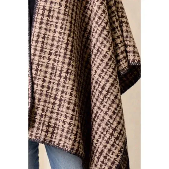 Mocha Brown Houndstooth Knit Shawl Open Poncho Wrap Casual Fall Winter One Size