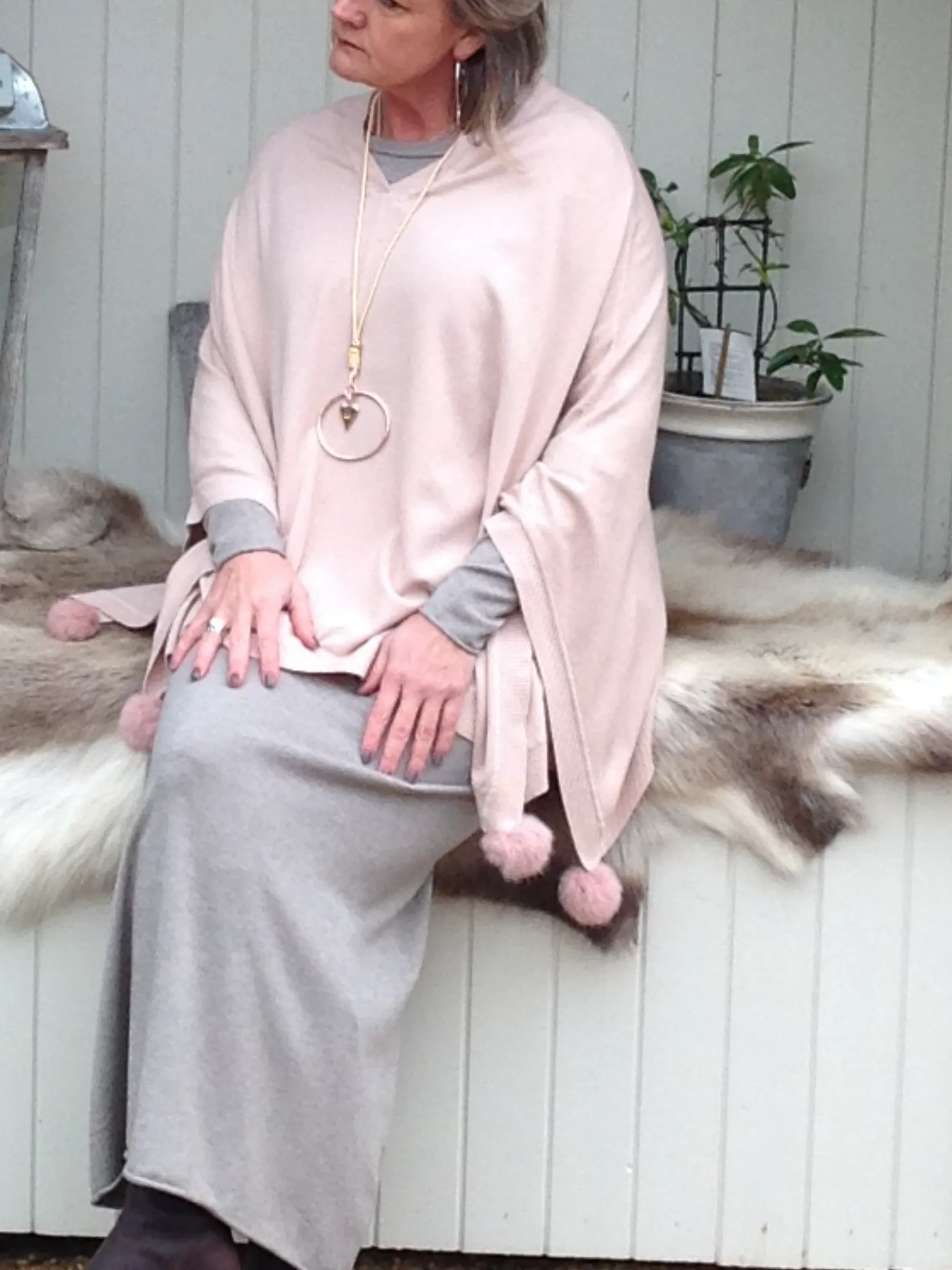 Mondial Poncho in Pink With Fur Pom Poms