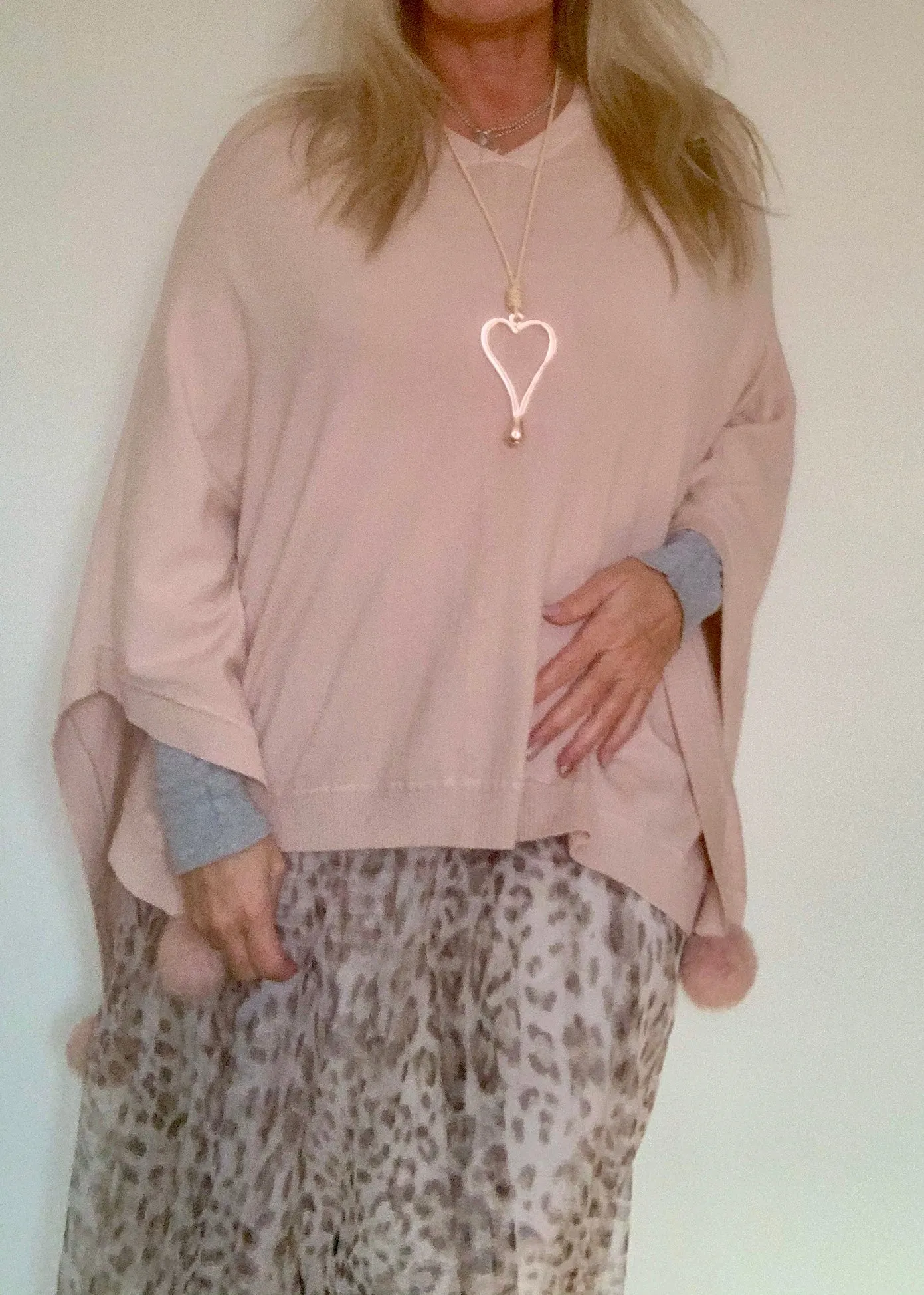 Mondial Poncho in Pink With Fur Pom Poms