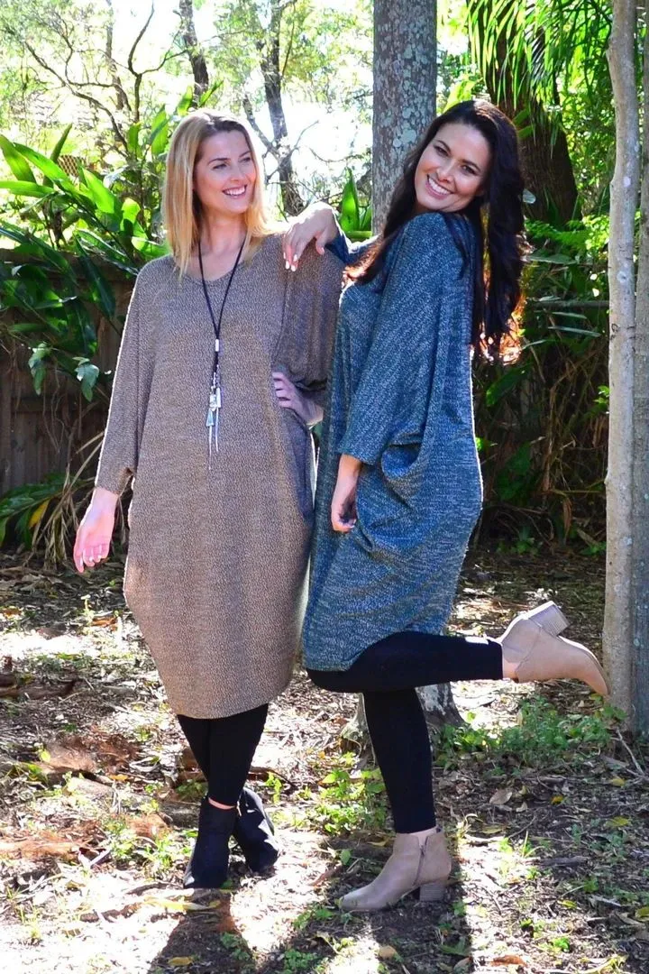 Navy Blue Textured Knit Tunic Dress