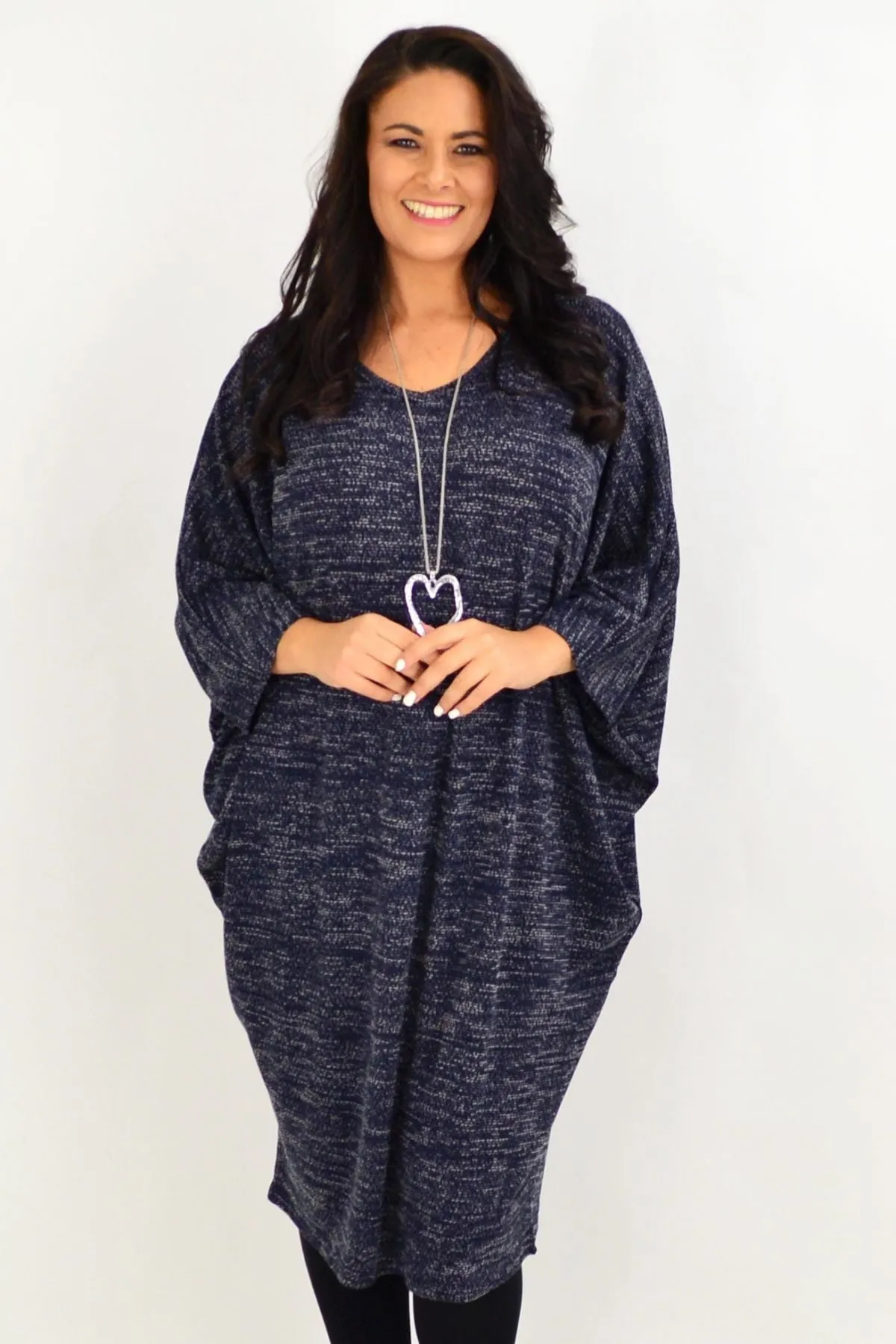 Navy Blue Textured Knit Tunic Dress