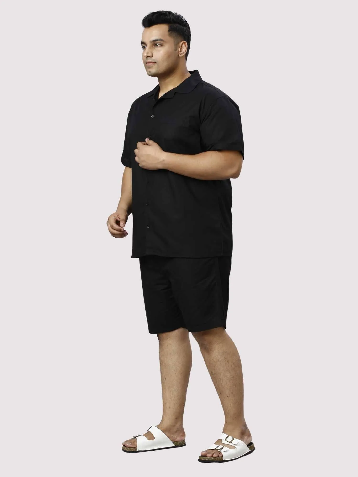 Nero Solid Black Half Co-ords Set Men's Plus Size