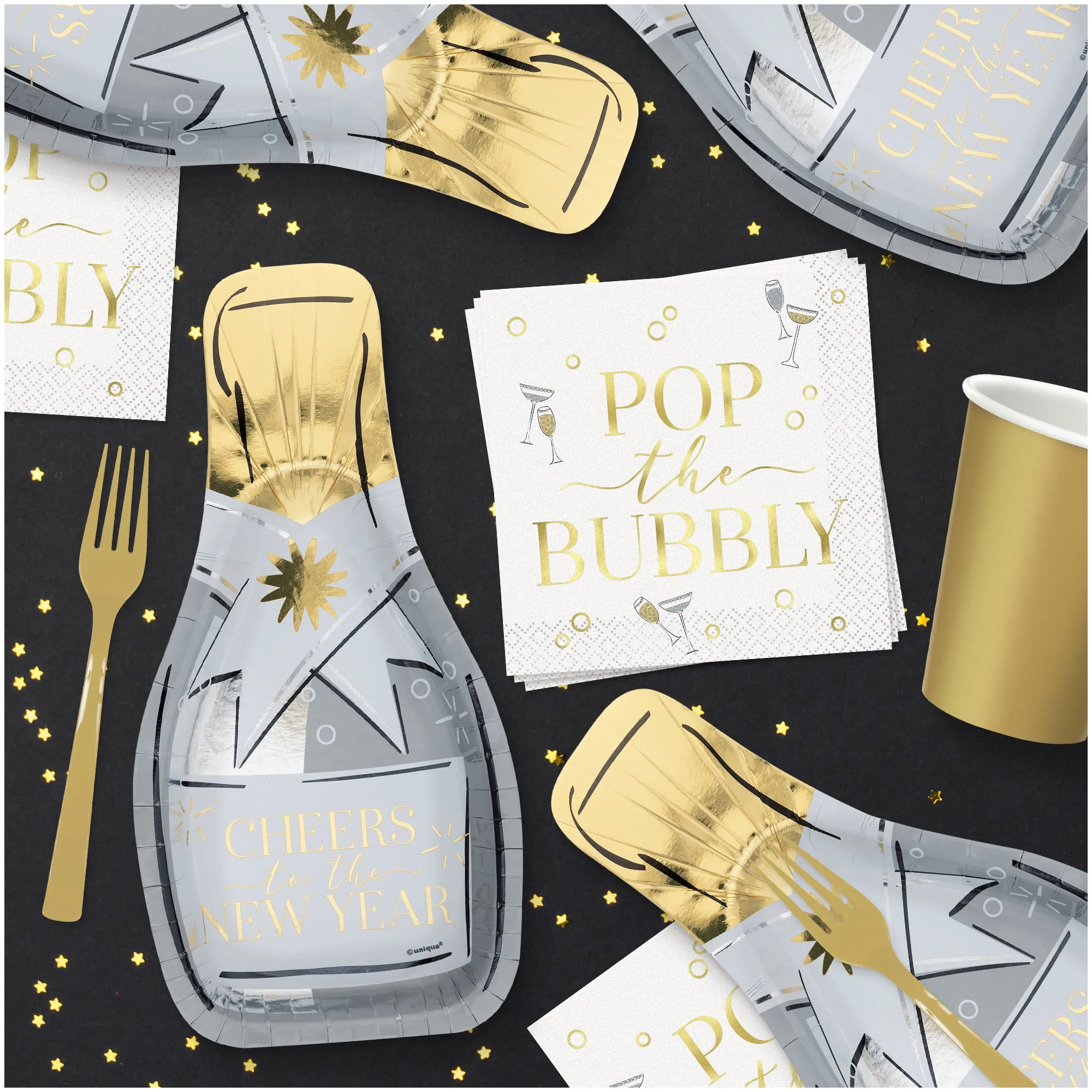 New Year Metallic Silver & Gold Bubbly Bottle-Shaped Paper Plates and Napkins (Serves 16)