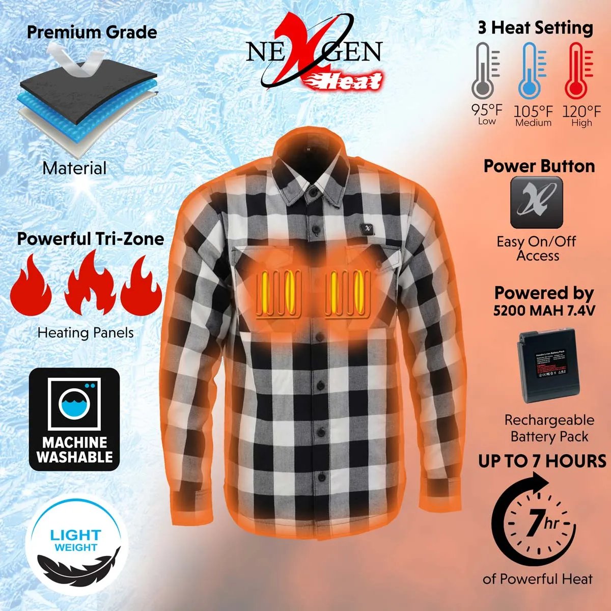 Nexgen Heat Men's NXM1601SET Riffraff Black/Grey/White Heated Flannel Sleeve Shirt Outdoor Activities w/Battery