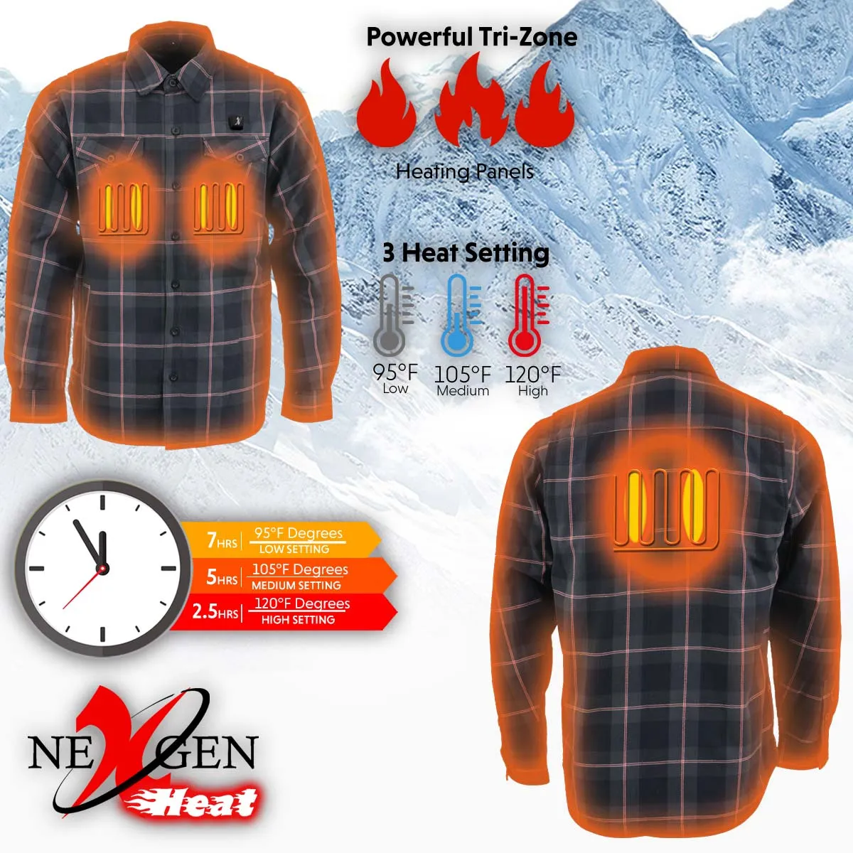 NexGen Heat Men's NXM1602SET Riffraff Black/Grey/Red Heated Flannel Sleeve Shirt for Outdoor Activities w/ Battery