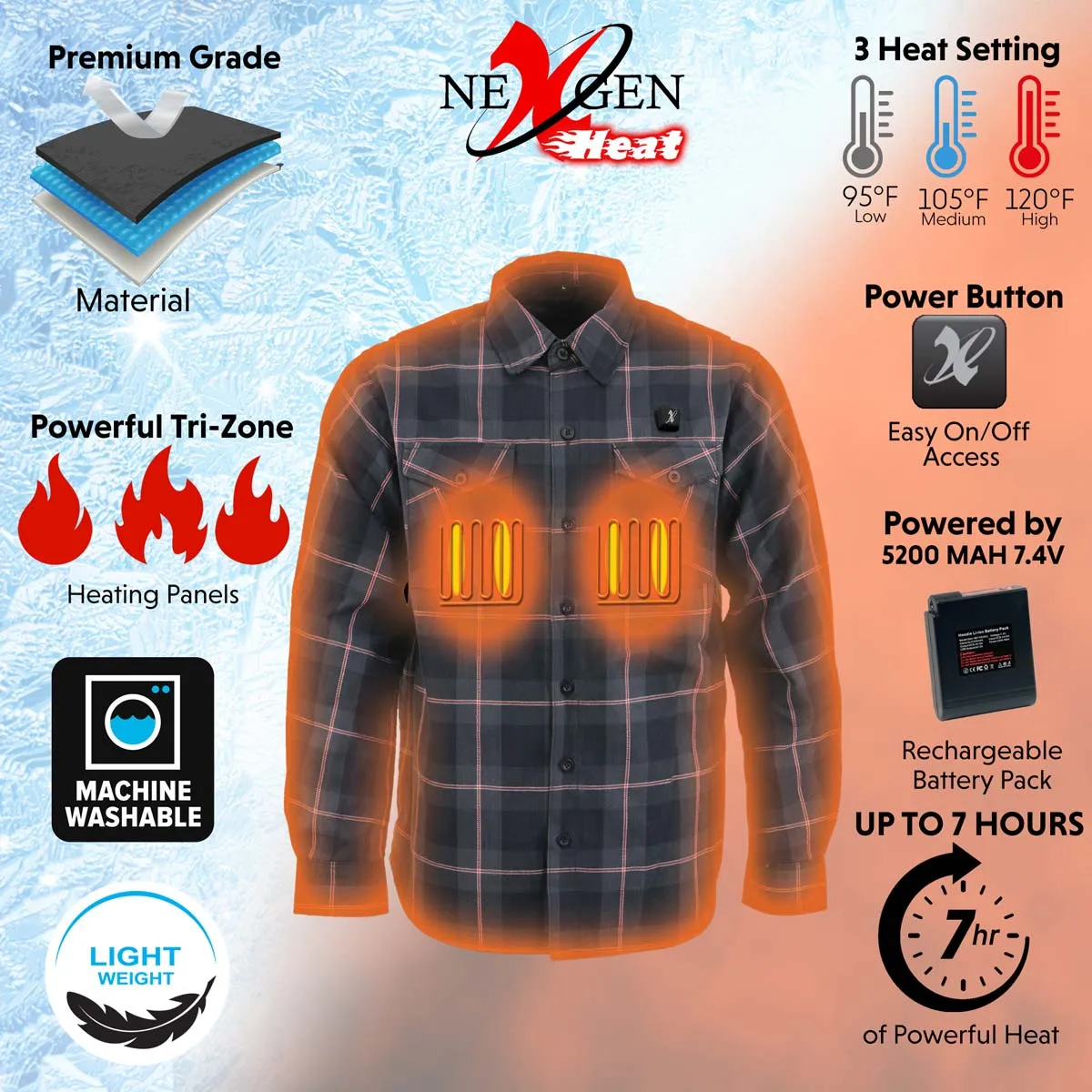 NexGen Heat Men's NXM1602SET Riffraff Black/Grey/Red Heated Flannel