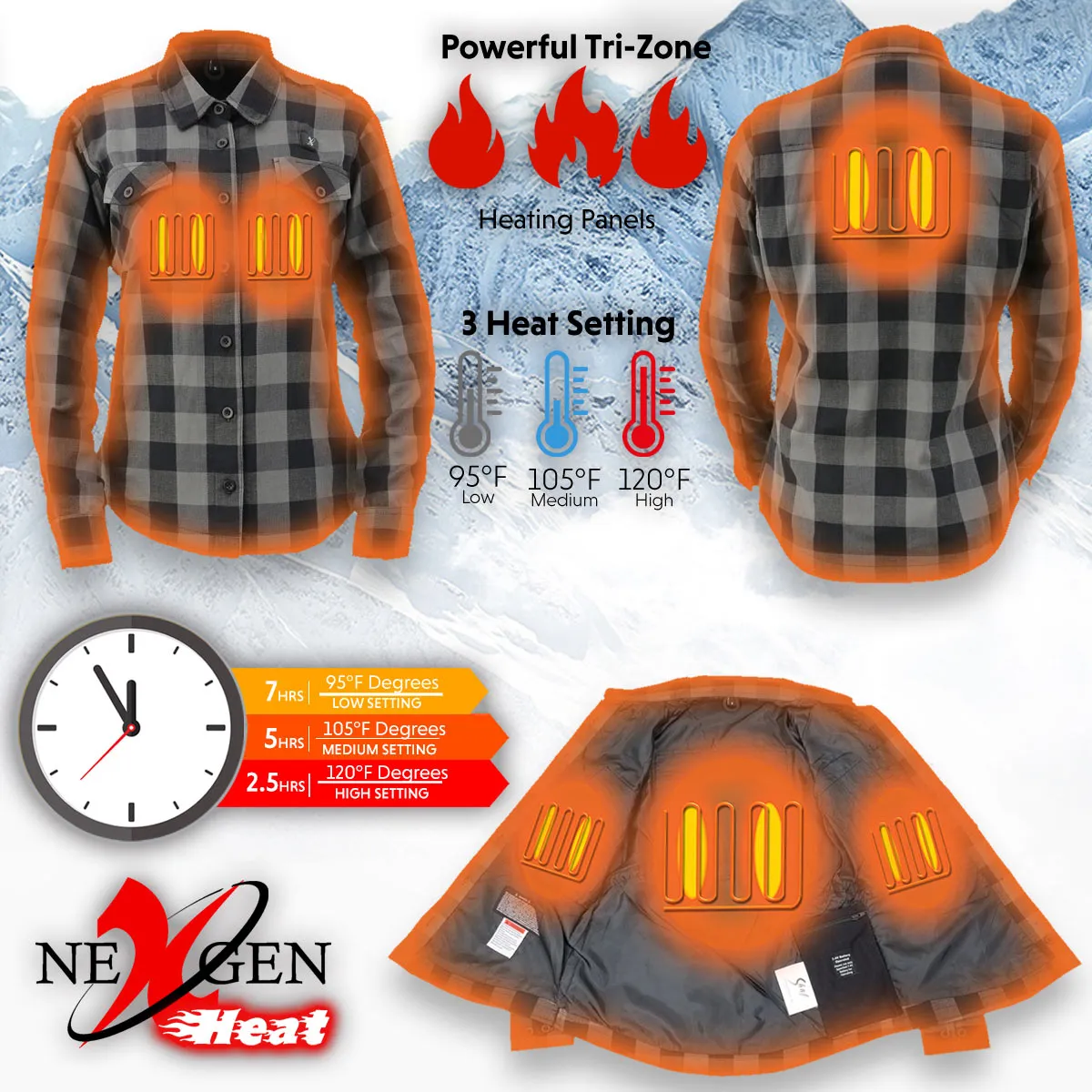 Nexgen Heat Women's NXL2601SET Bonnie Black - Grey Heated Flannel Sleeve Shirt for Outdoor Activities w/ Battery