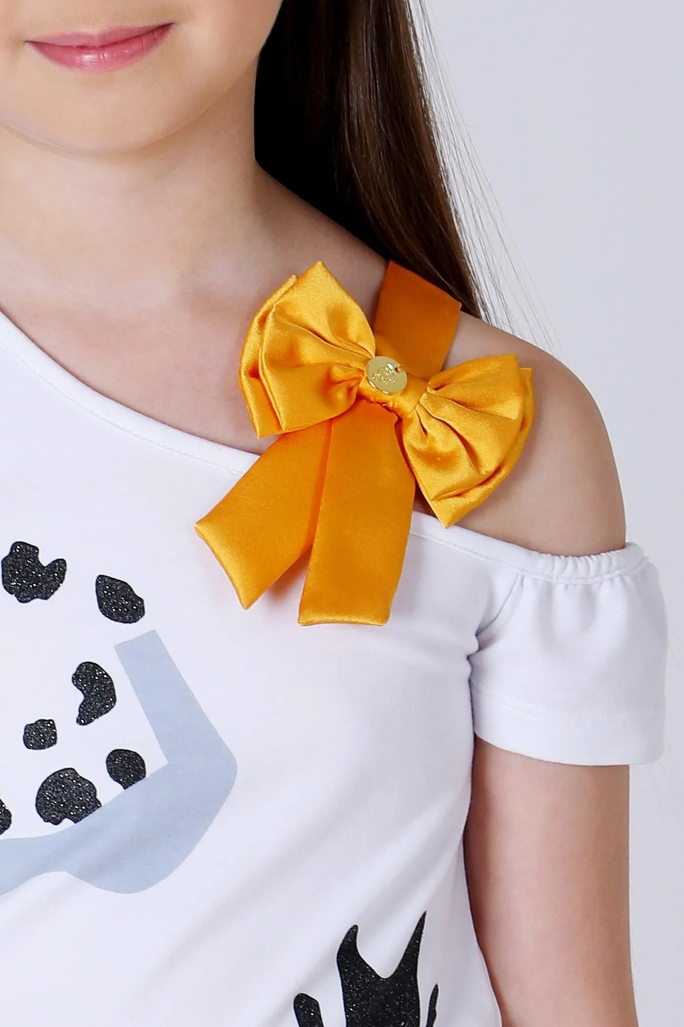 One Friday Kids Girls White Animal Printed Top with yellow Bow