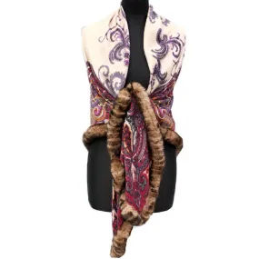 Paisley Print Rabbit Fur Trim Wrap - Wine