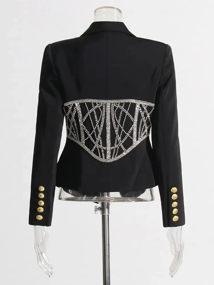 Patchwork Diamonds Casual Blazers For Women Notched Collar Long Sleeve Temperament Solid Blazer Female Fashion