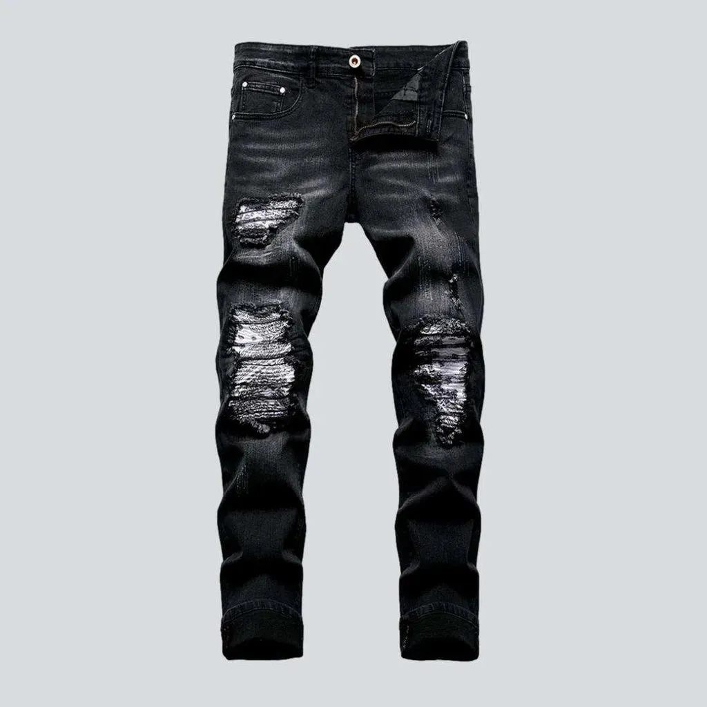 Patchwork knees biker men's jeans