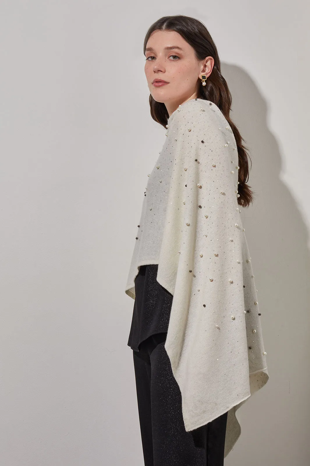 Pearl Beaded Poncho - Soft Cashmere, White