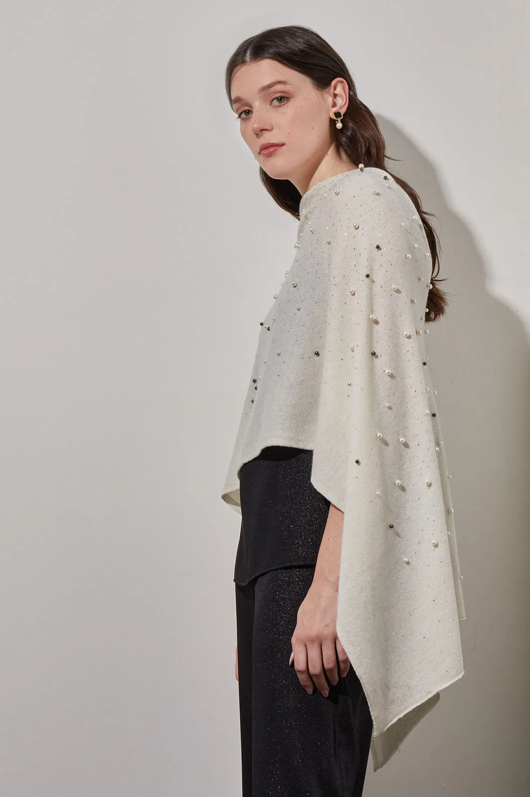 Pearl Beaded Poncho - Soft Cashmere, White