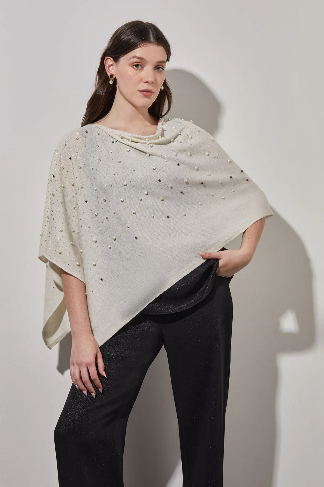 Pearl Beaded Poncho - Soft Cashmere, White