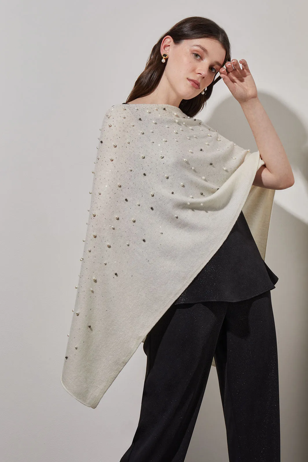 Pearl Beaded Poncho - Soft Cashmere, White