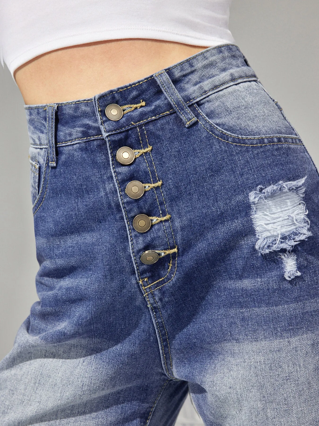 Plain Ripped Button Front Straight Leg Jeans