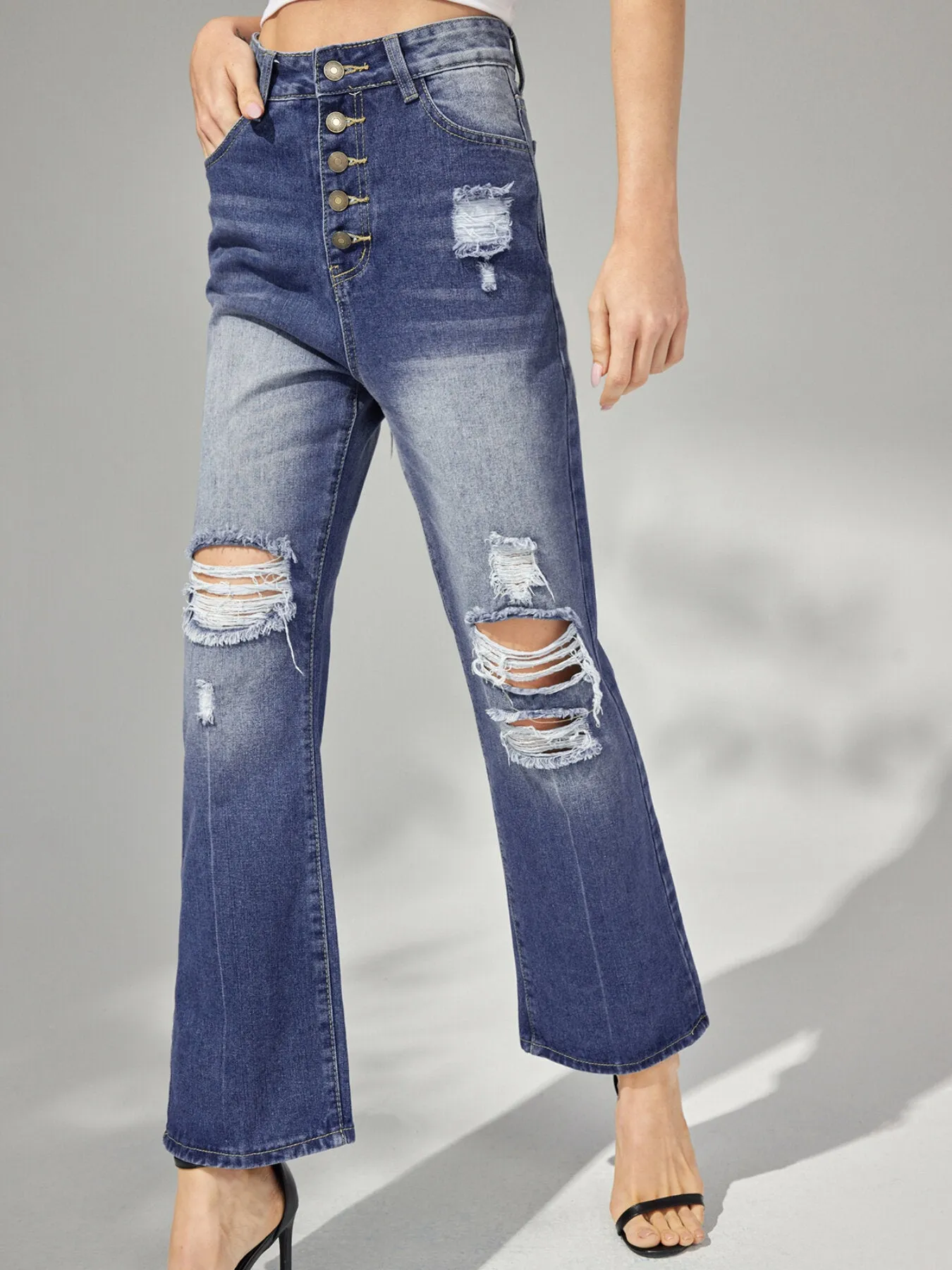 Plain Ripped Button Front Straight Leg Jeans