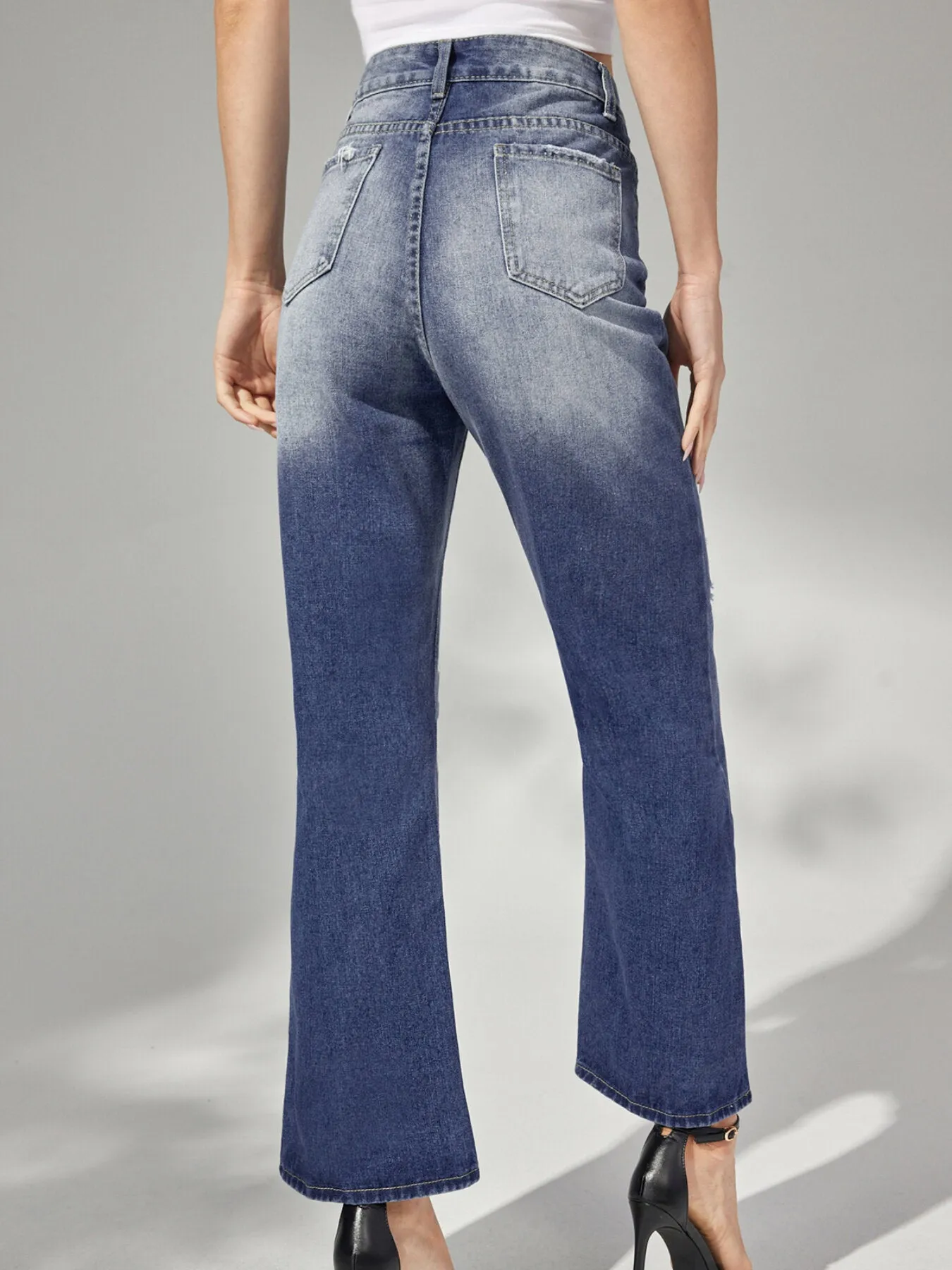 Plain Ripped Button Front Straight Leg Jeans