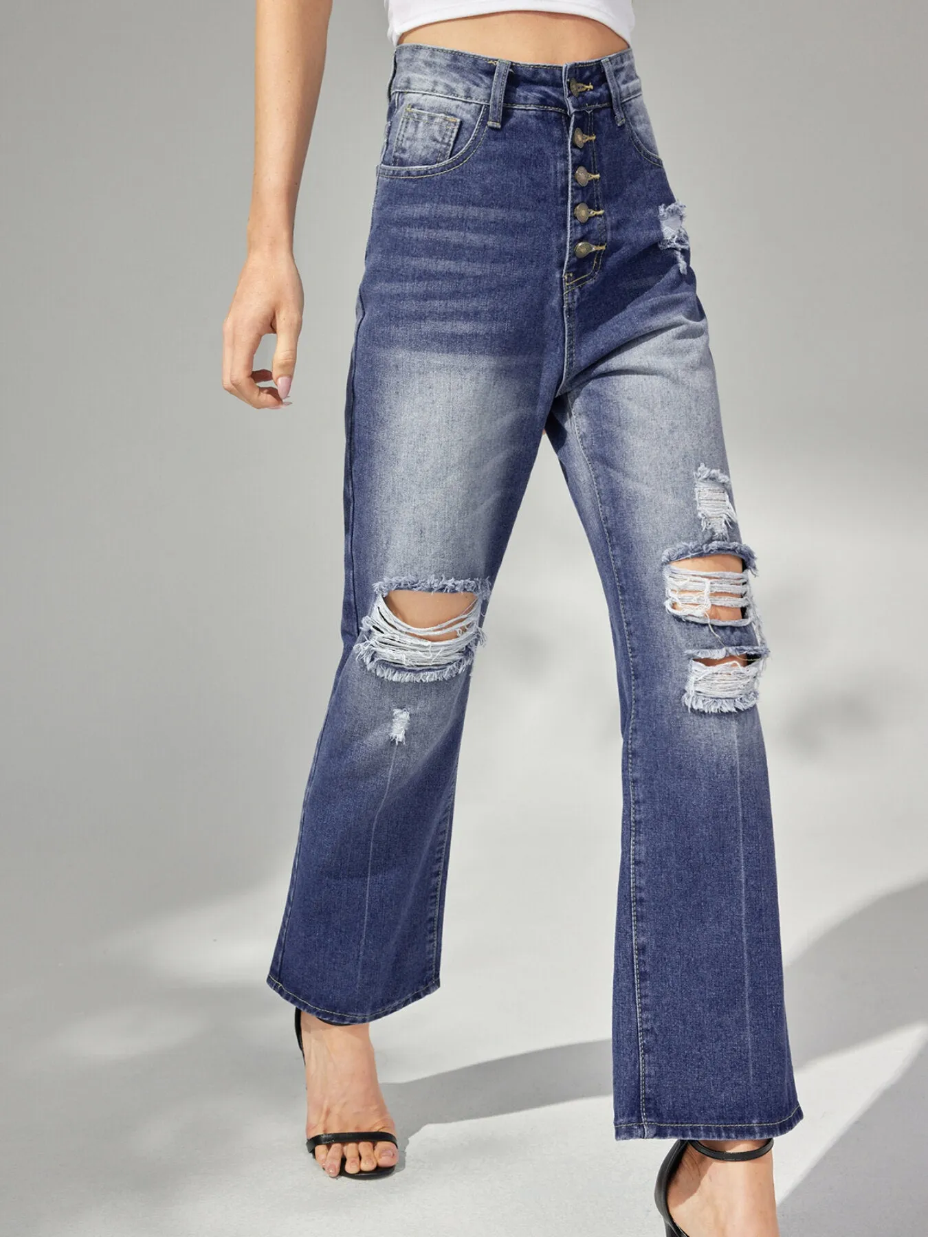 Plain Ripped Button Front Straight Leg Jeans