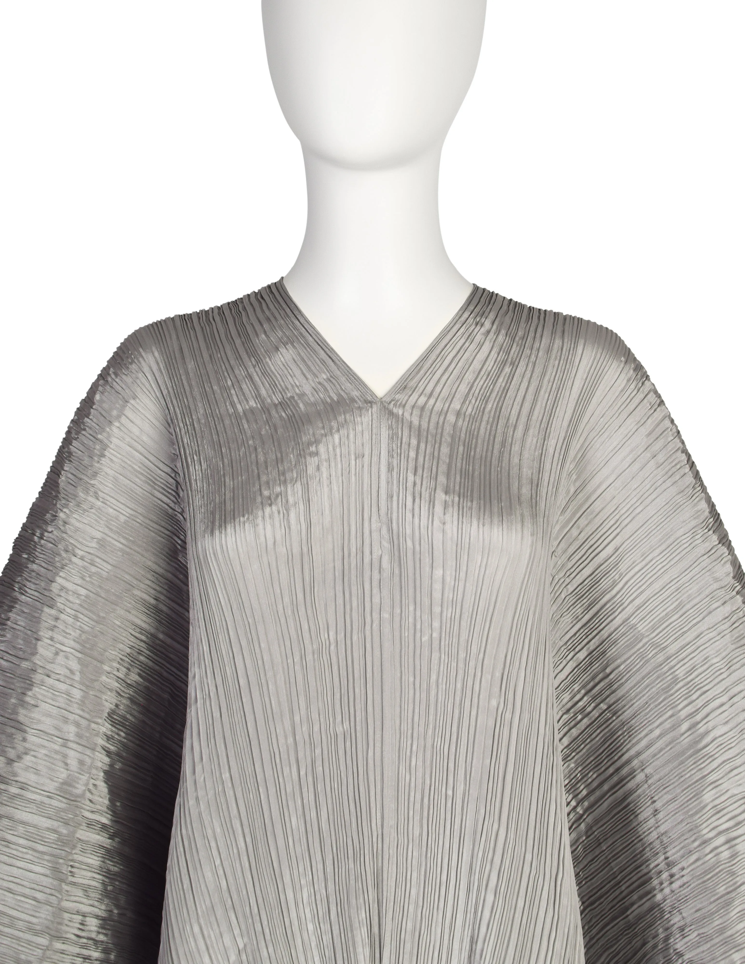 Pleats Please by Issey Miyake Vintage Silver Dramatic Madame T Wrap Cape Tunic Caftan Dress