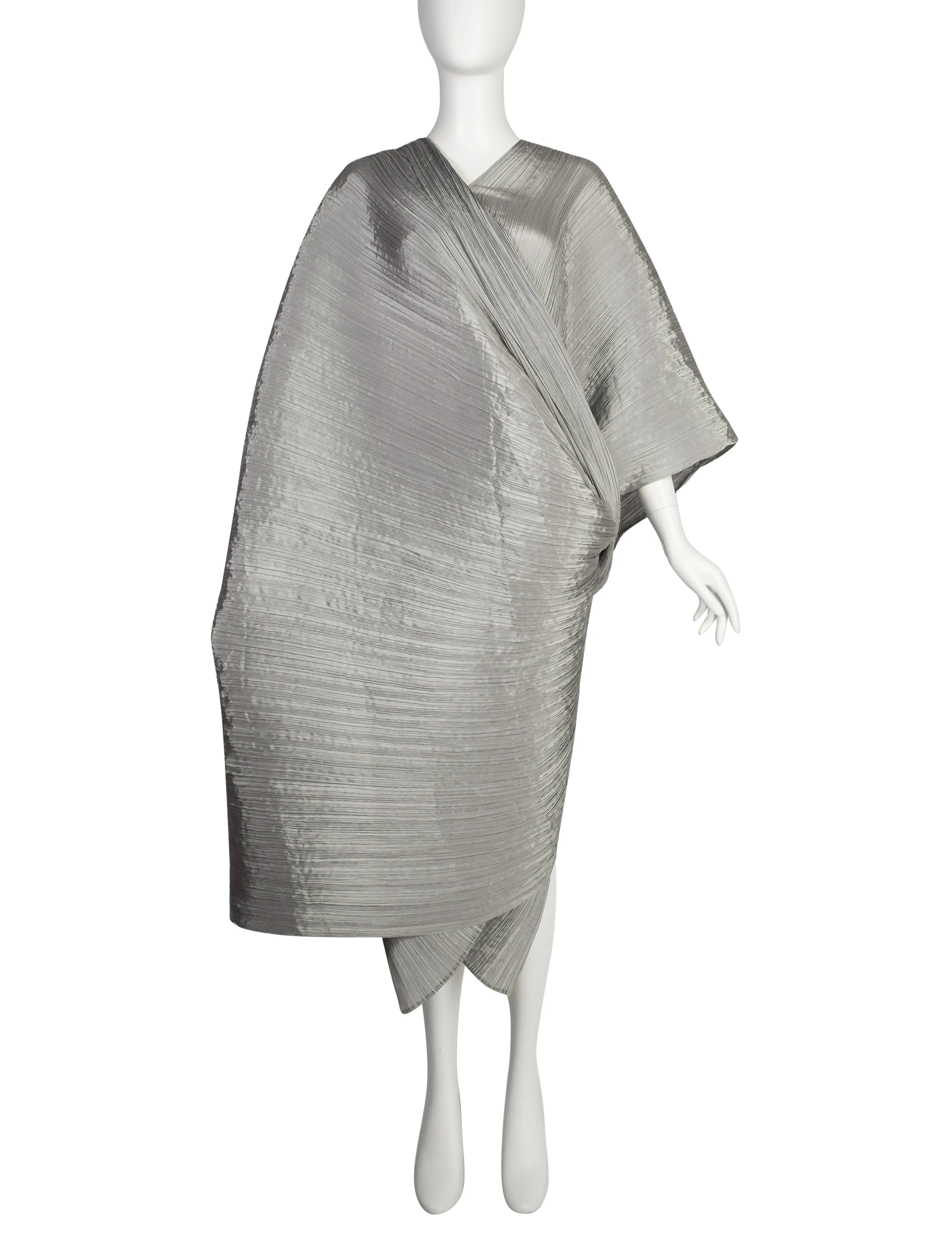 Pleats Please by Issey Miyake Vintage Silver Dramatic Madame T Wrap Cape Tunic Caftan Dress