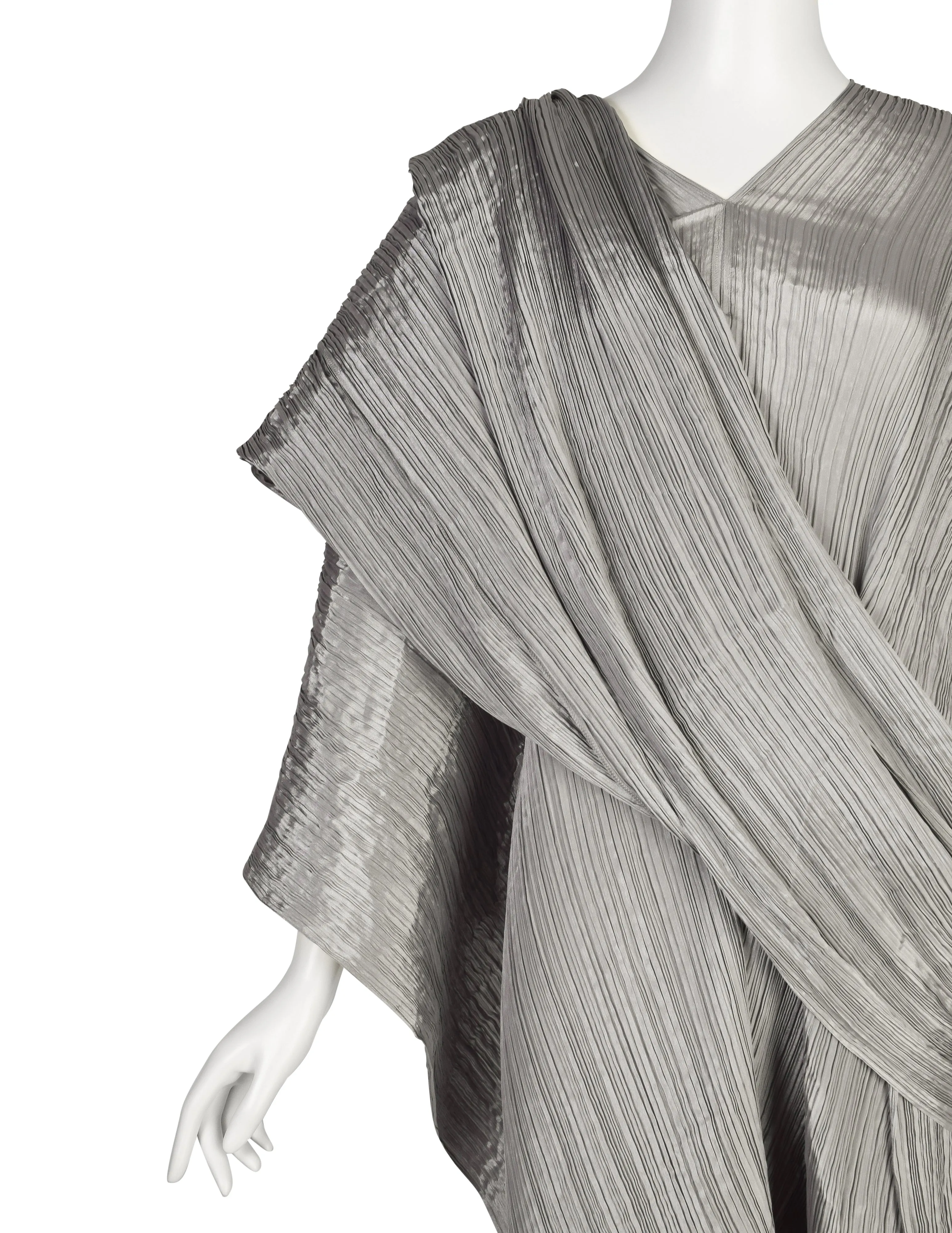 Pleats Please by Issey Miyake Vintage Silver Dramatic Madame T Wrap Cape Tunic Caftan Dress