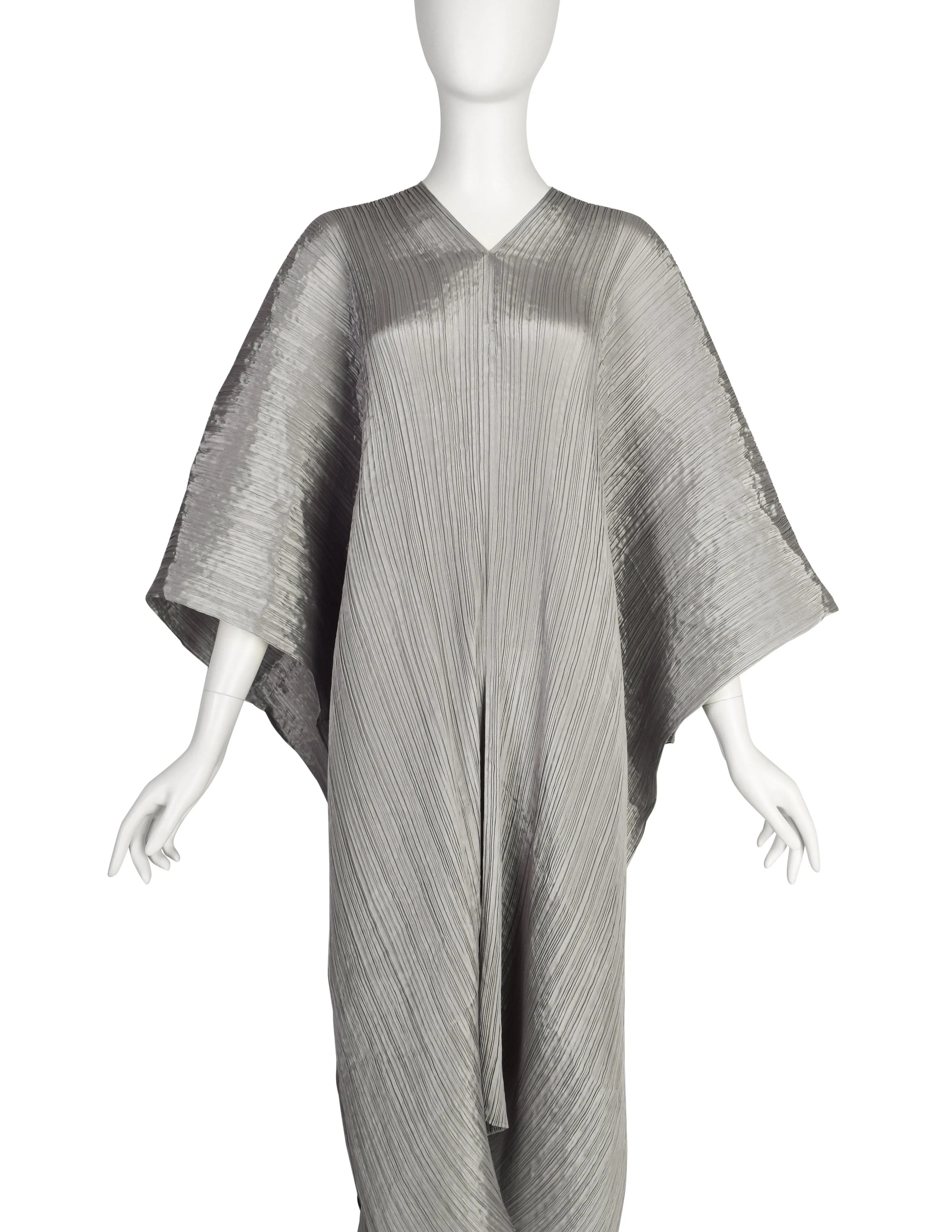 Pleats Please by Issey Miyake Vintage Silver Dramatic Madame T Wrap Cape Tunic Caftan Dress