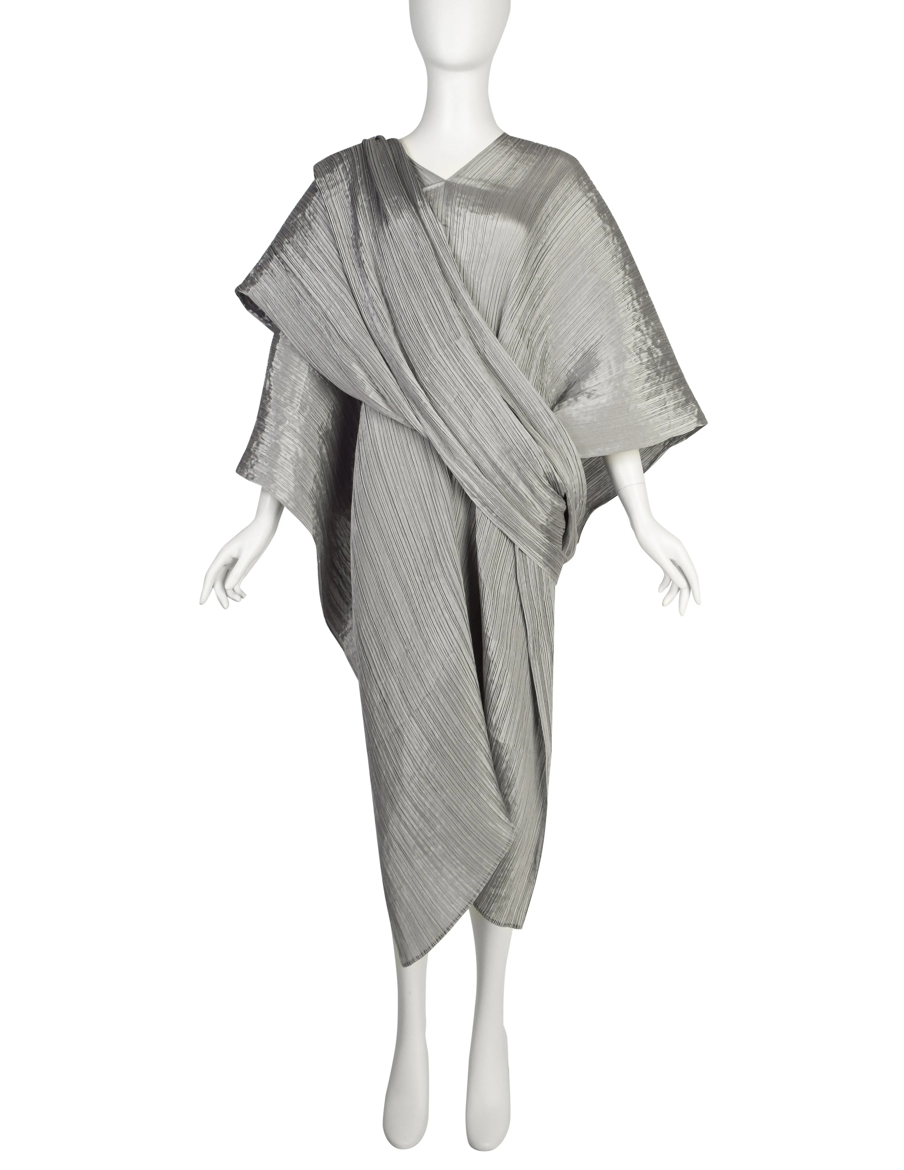 Pleats Please by Issey Miyake Vintage Silver Dramatic Madame T Wrap Cape Tunic Caftan Dress