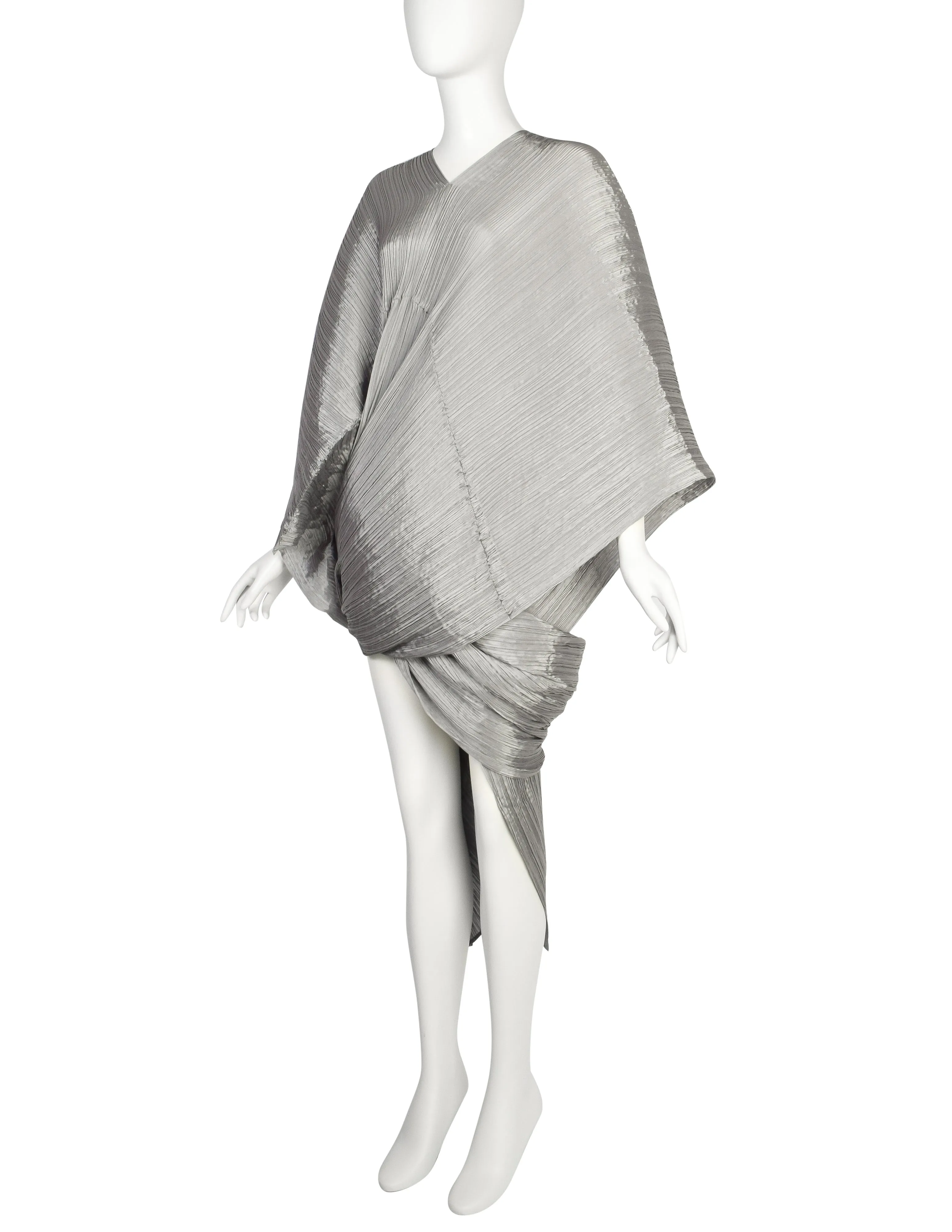 Pleats Please by Issey Miyake Vintage Silver Dramatic Madame T Wrap Cape Tunic Caftan Dress