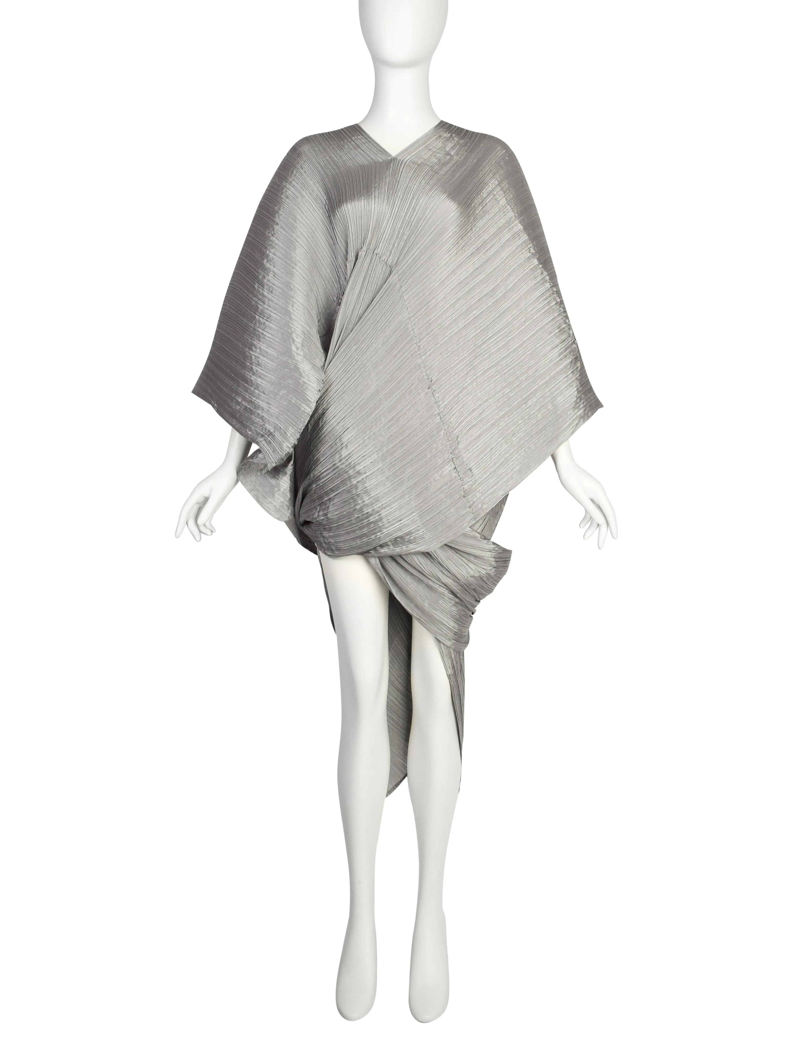 Pleats Please by Issey Miyake Vintage Silver Dramatic Madame T Wrap Cape Tunic Caftan Dress