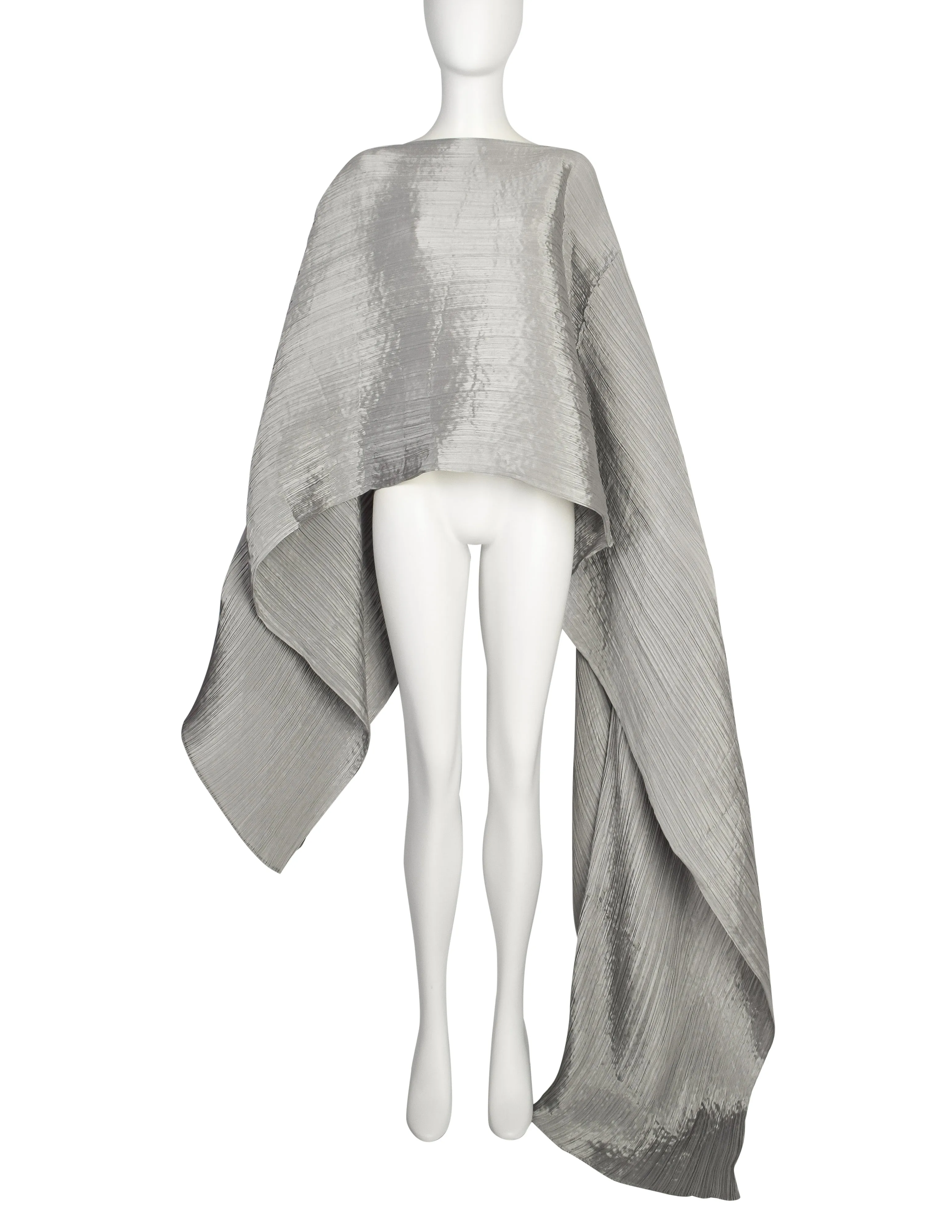 Pleats Please by Issey Miyake Vintage Silver Dramatic Madame T Wrap Cape Tunic Caftan Dress