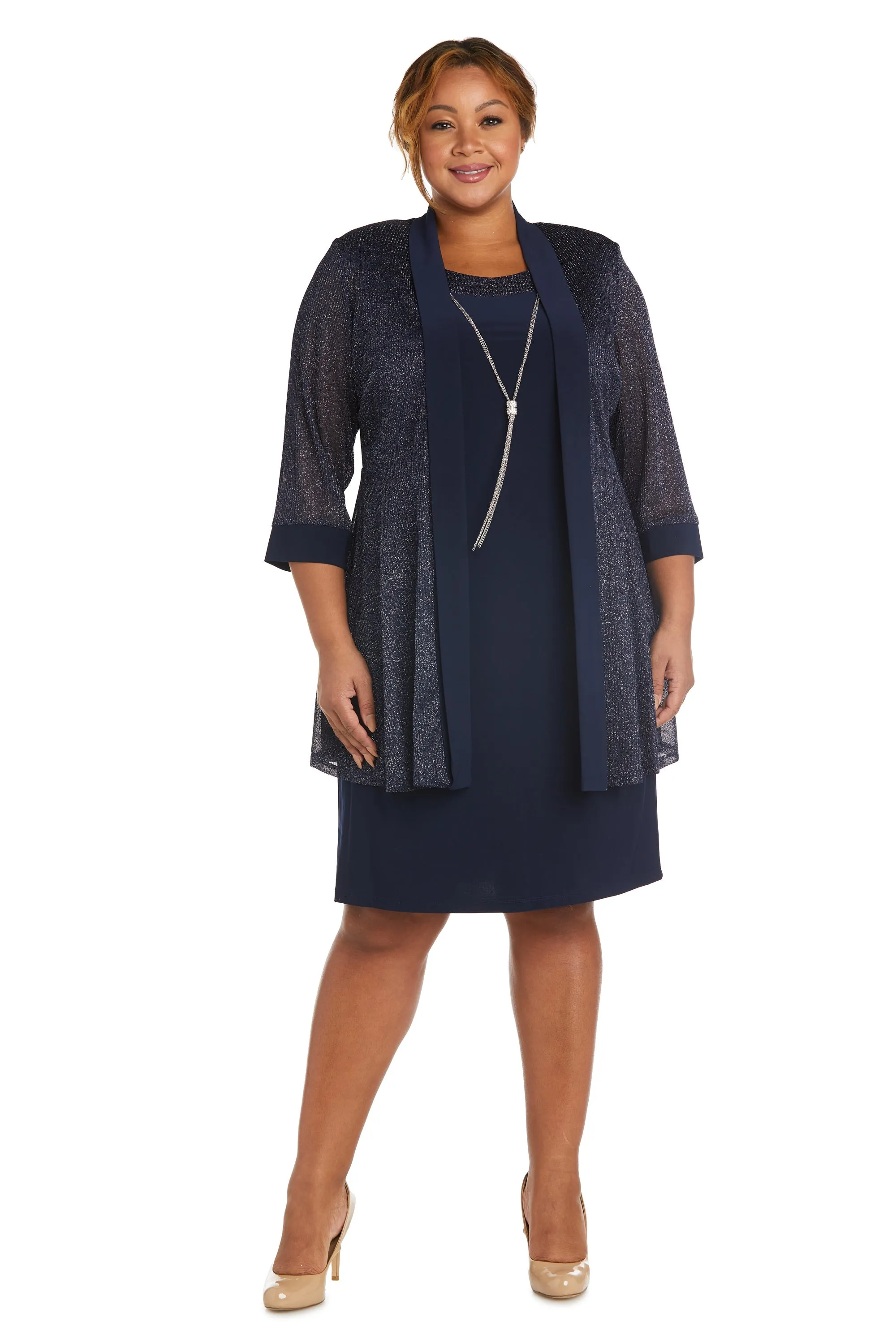 Plus Size Sleeveless Dress and Jacket Set with Metallic Touches