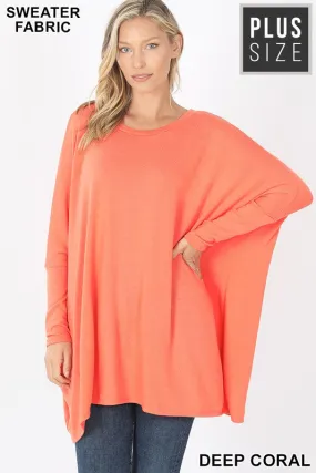 PLUS SWEATER FABRIC OVERSIZE ROUND NECK PONCHO in CORAL