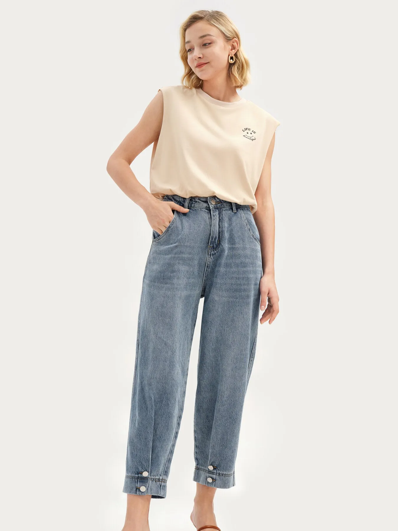 Pocket Button High Waist Long Jeans