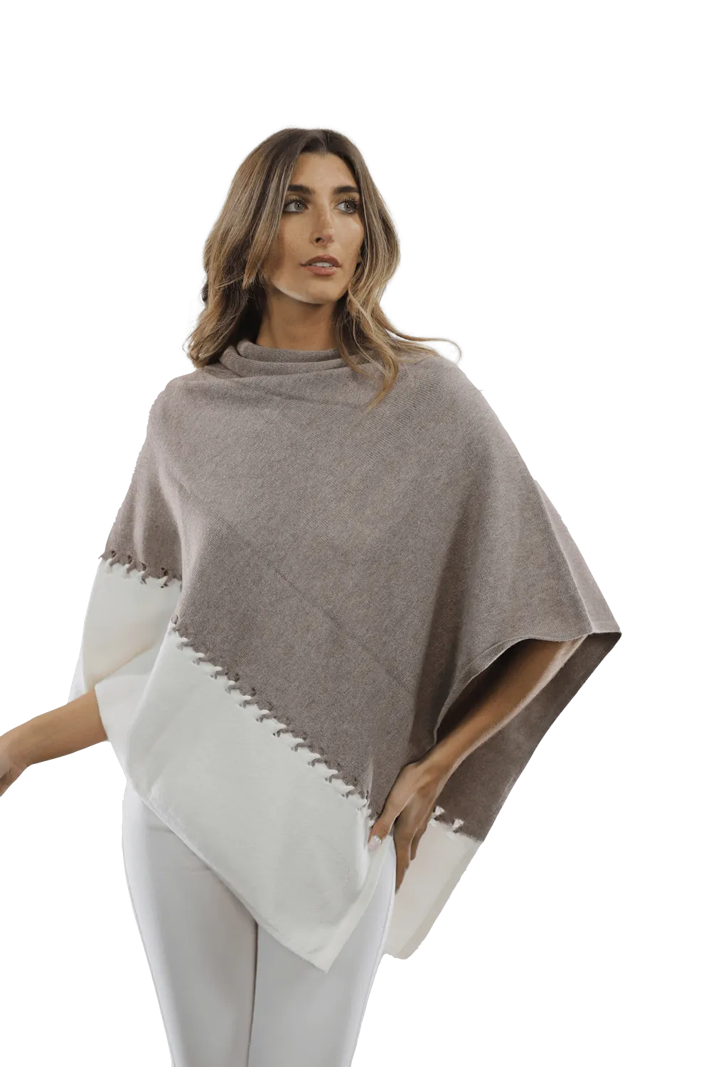 Poncho with Two Tone Detail - Oatmeal/Beige