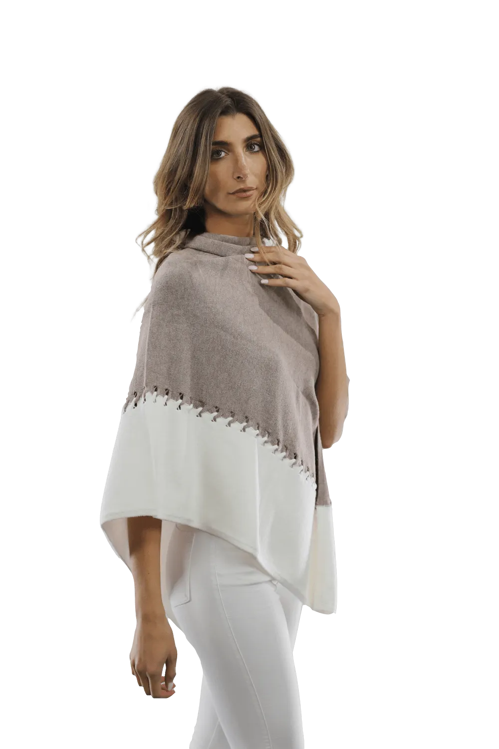 Poncho with Two Tone Detail - Oatmeal/Beige