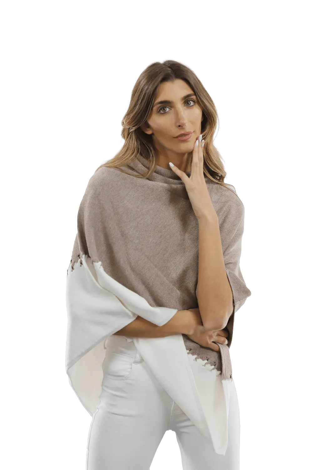 Poncho with Two Tone Detail - Oatmeal/Beige