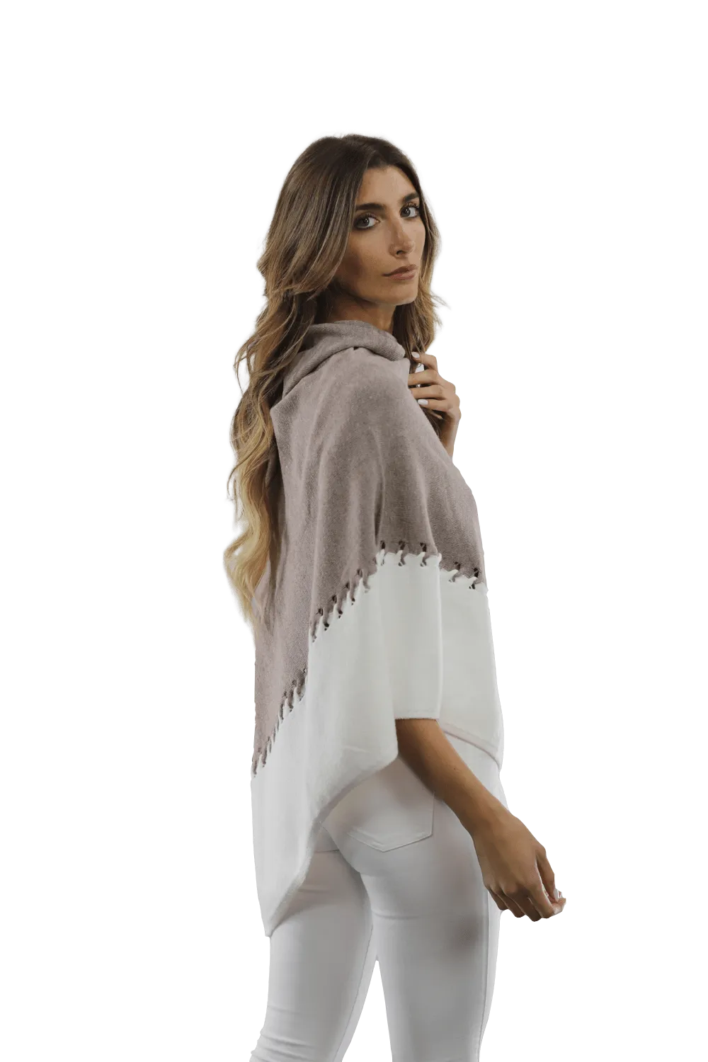 Poncho with Two Tone Detail - Oatmeal/Beige