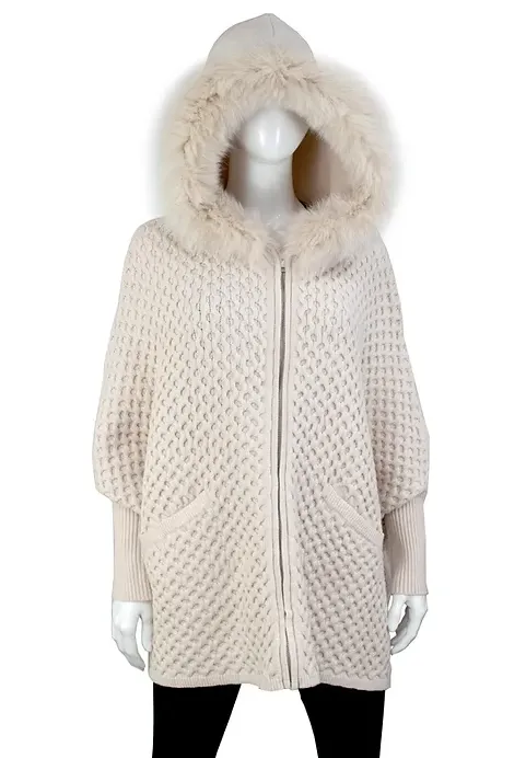 POYU19 - Waffle Knit Zip Up Poncho w/ Sleeves & Fox Trim Hood