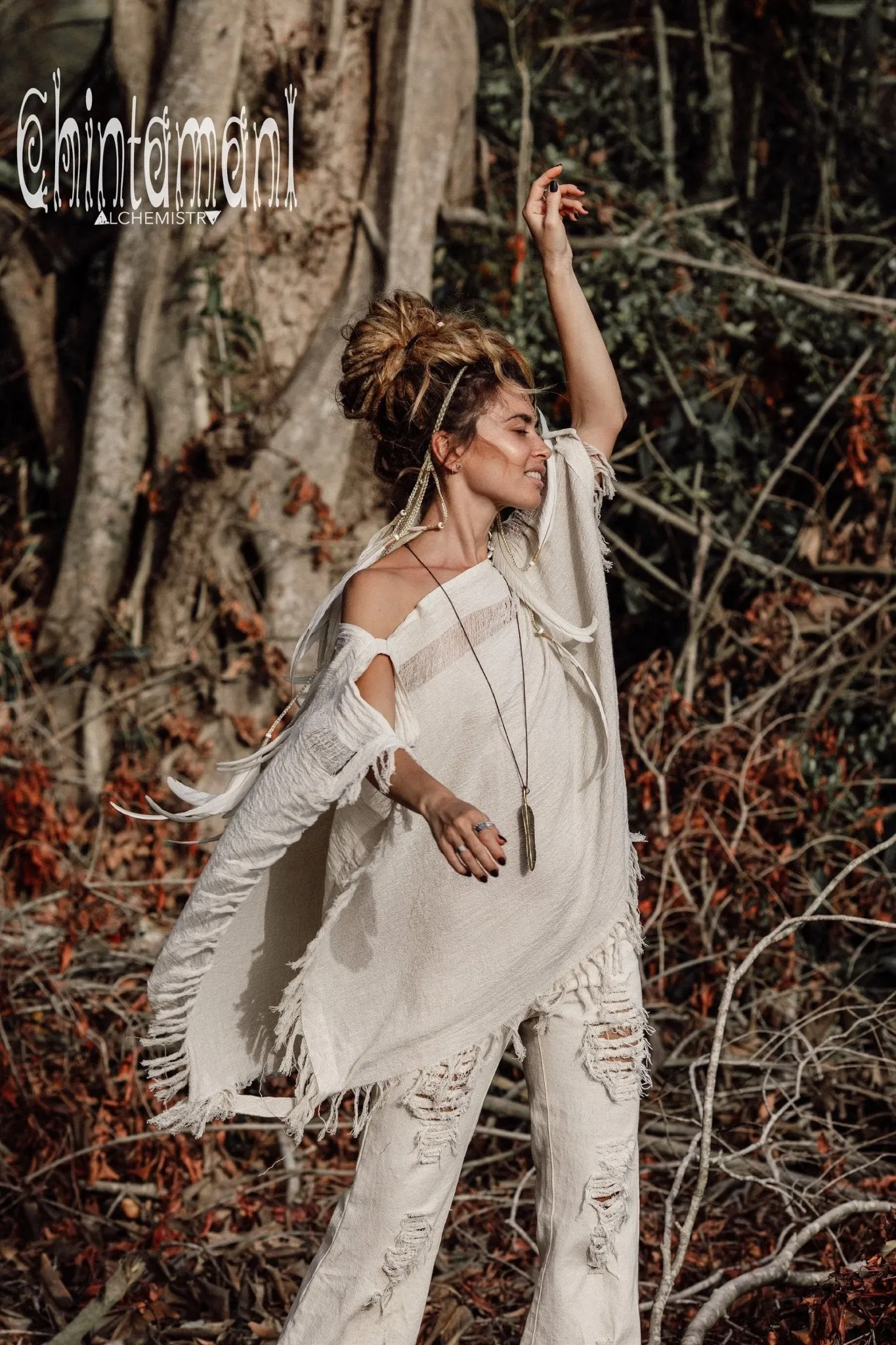 Raw Cotton Bohemian Poncho Top / Off Shoulder / Off White