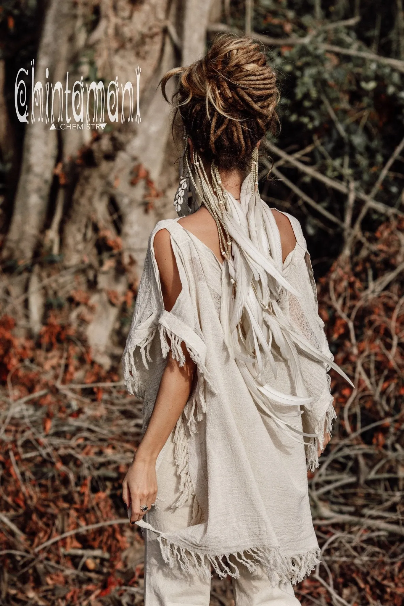 Raw Cotton Bohemian Poncho Top / Off Shoulder / Off White